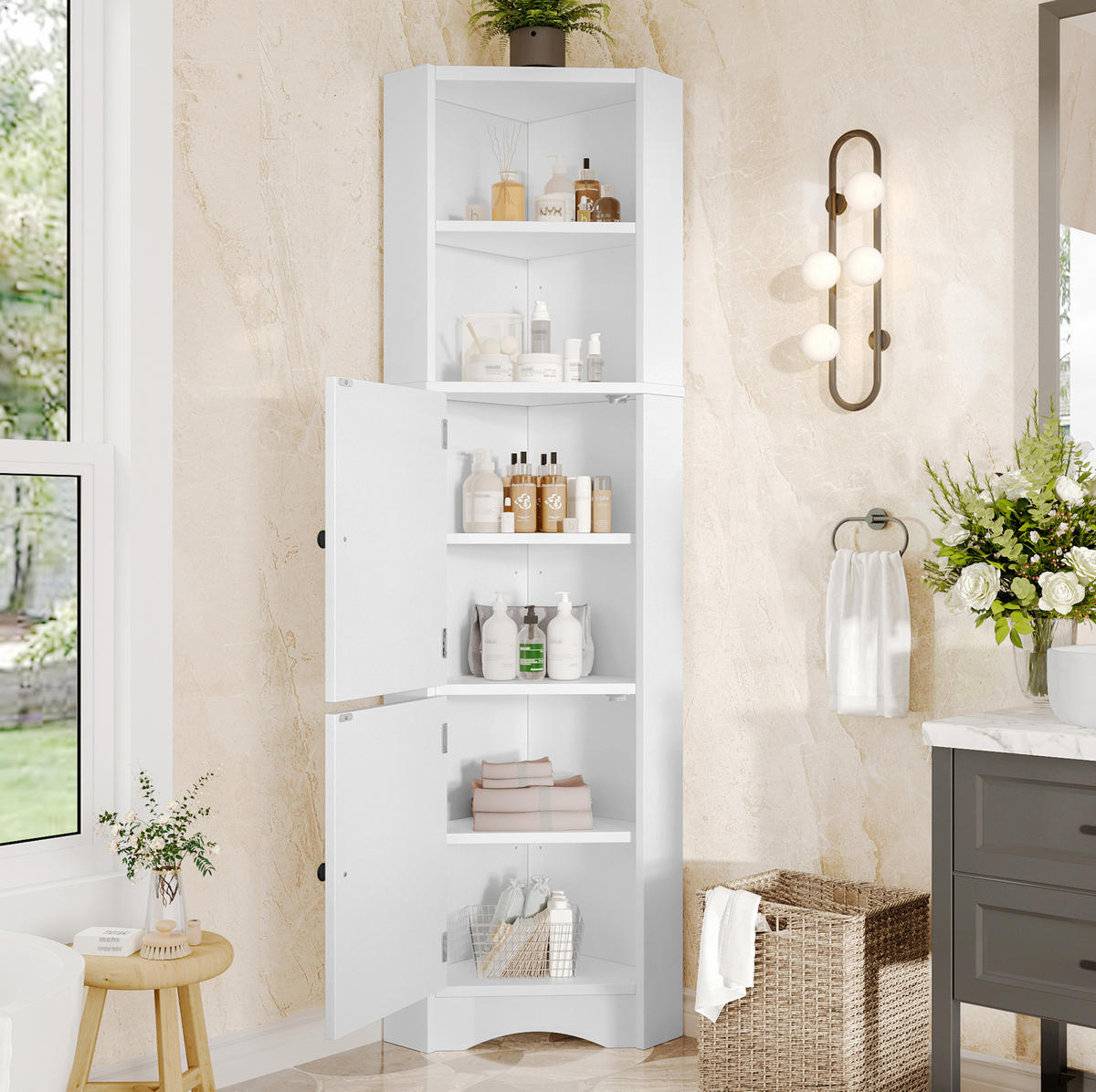HOCHSCHRANK 51,7/32/155,4 cm aus MDF mit dreieckiger Eckform Weiß - Weiß, Holzwerkstoff (32/155.4/51.7cm) - Modenvie