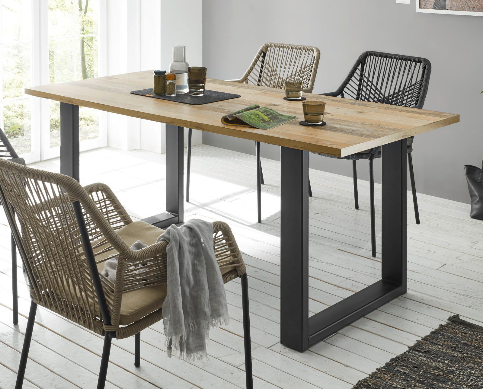 ESSTISCH Used Wood hell, anthrazit 180 cm, Küchentisch für 4-6 Personen - Anthrazit/Naturfarben, Holz/Metall (180/80/76cm) - Furn.Design