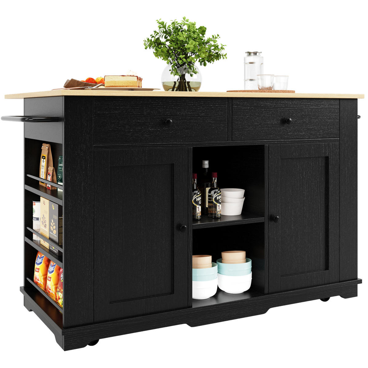 KÜCHENINSEL 151,5/59,7/91,7 cm schwarz mit Steckdosen und klappbarer Tischplatte - Schwarz, Holzwerkstoff (151.5/91.7/84.7cm) - OKWISH