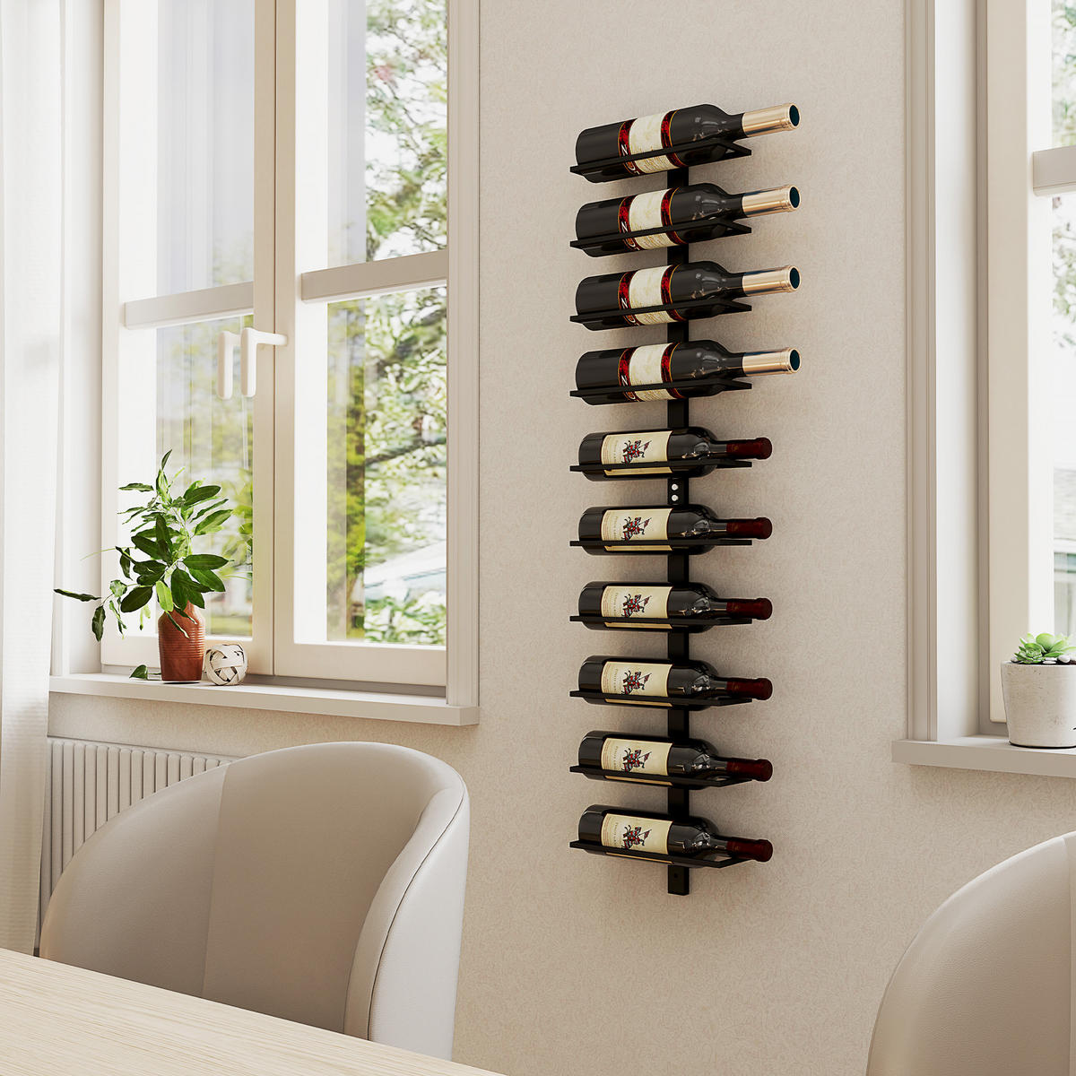 WEINREGAL Flaschenregal zur Wandmontage für 10 Weinflaschen, Stahl Schwarz - Schwarz, Metall (10/116/27cm) - HOMCOM