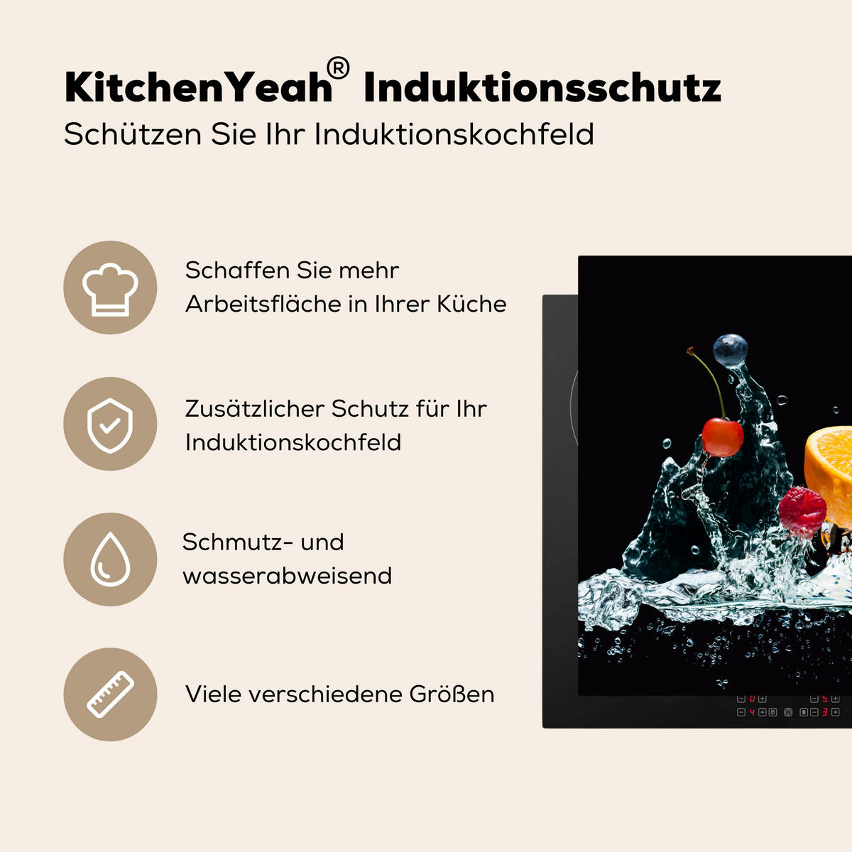 HERDABDECKPLATTE Wasser - Obst - Orange - Erdbeere - Kirsche - Schwarz 77x59 cm - Orange, Kunststoff (77/59/0.2cm) - MuchoWow