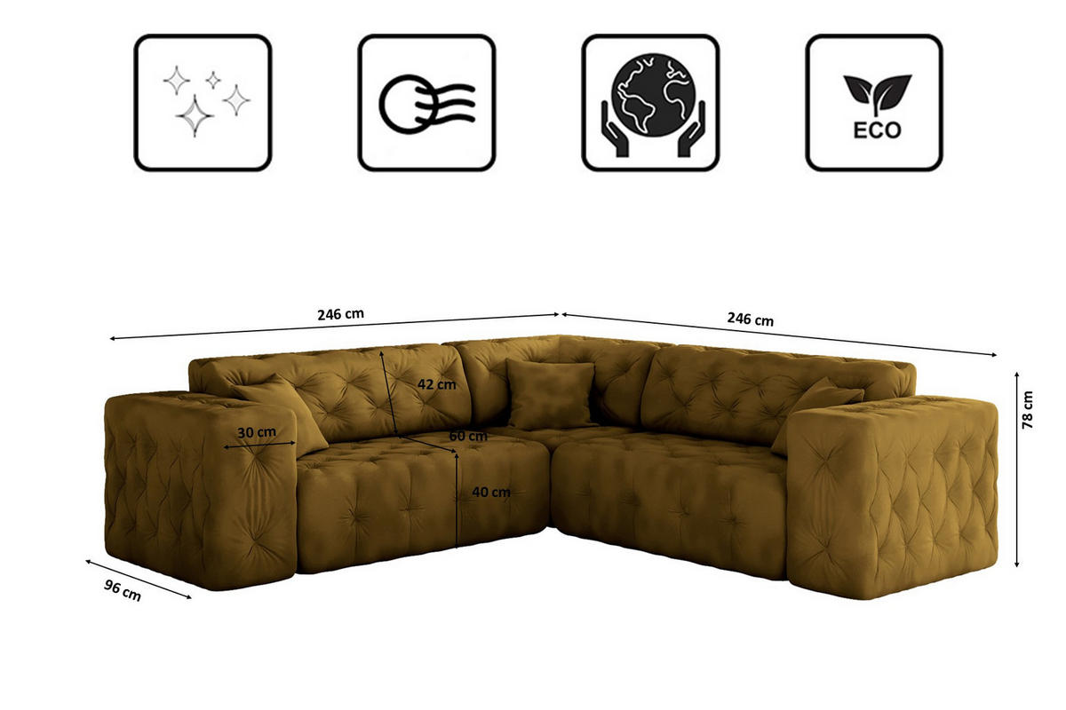 CORNER LUX, Gesteppt, Stoff Whisper, Golden - Goldfarben, Holz/Textil (246/246cm) - Kaiser Möbel