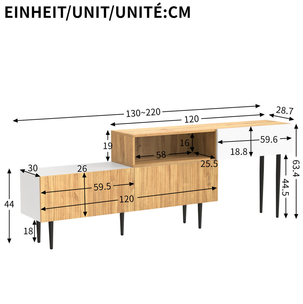 TV-SCHRANK modern in Weiß 180/35/48 cm - Eichefarben, Holzwerkstoff (220/63.5/30cm) - Redom