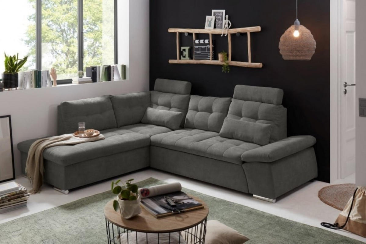 ECKSOFA mit Schlaffunktion, Bettkasten und verstellbarer Armlehne - Chromfarben/Grau, Textil (260/219cm) - ed exciting design