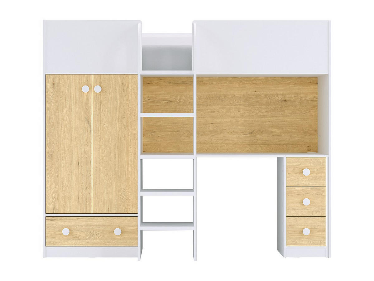 HOCHBETT mit Kleiderschrank & Schreibtisch - 90 x 190 cm - Weiß & Holzfarben + Matratze - CINAMO - Naturfarben, Holz (120.8/196cm) - Vente-Unique