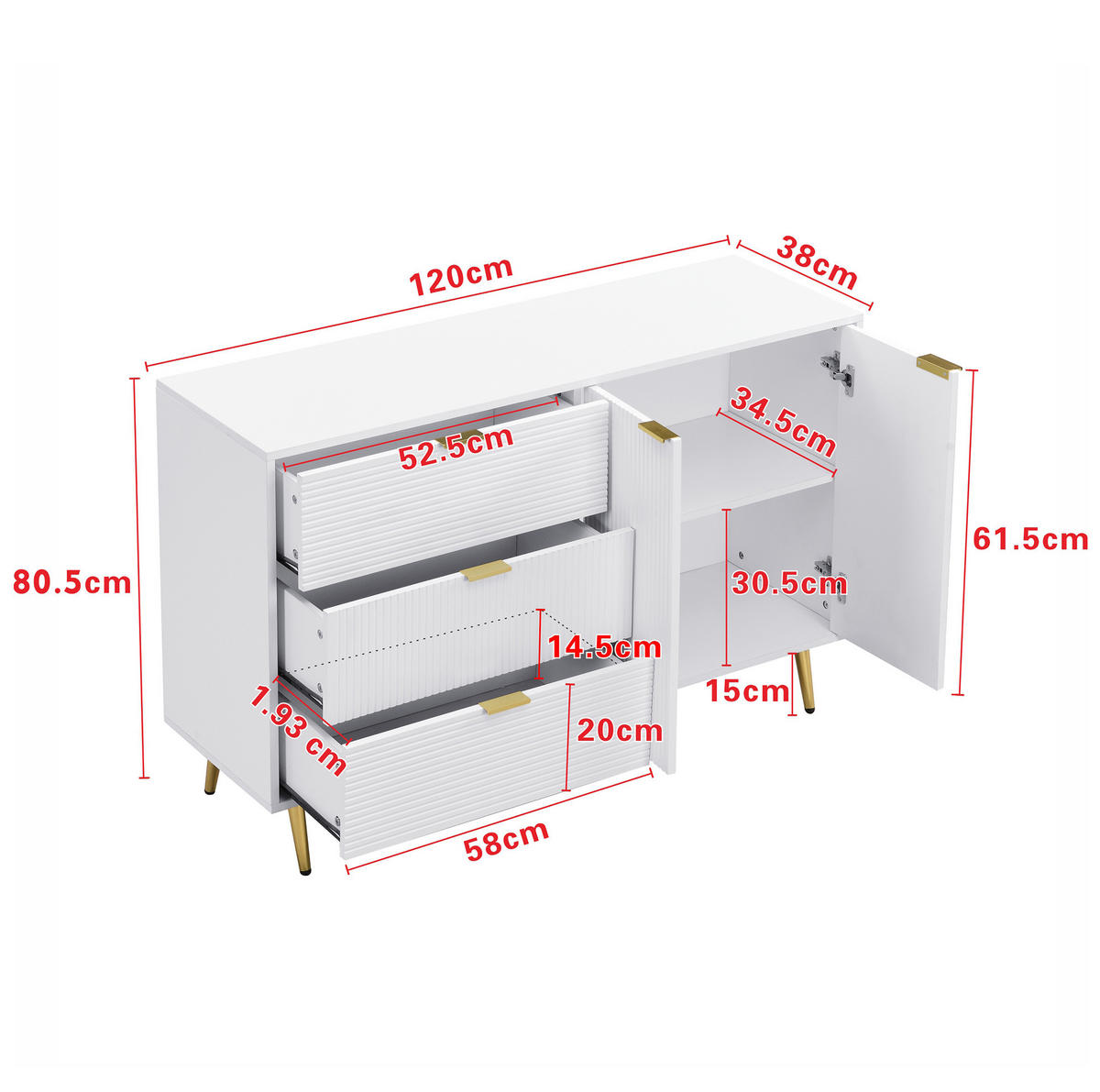 SIDEBOARD 120/38/80,5 cm aus MDF mit Wellenmuster und 3 Schubladen Weiß/Gold - Weiß, Holzwerkstoff (120/80.5/38cm) - Modenvie