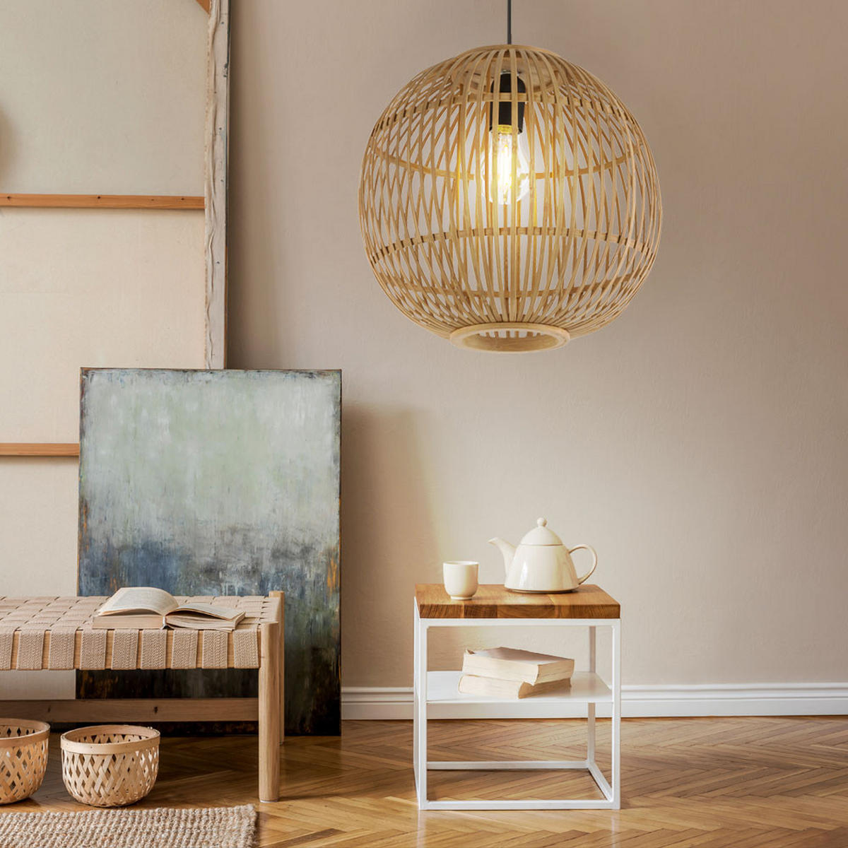 LED HÄNGELEUCHTE Hildegard Bambus Beige - Beige, Holz (30/30/150cm) - Globo Lighting