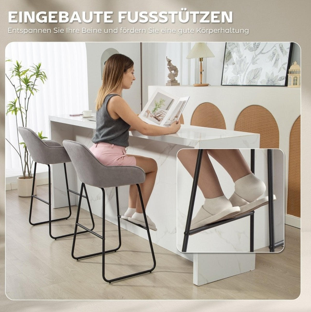 BARHOCKER 2er-Set mit Armlehnen 50,5 x 53 x 96 cm Polyester Grau - Grau, Metall (50.5/96/53cm) - Meubliv