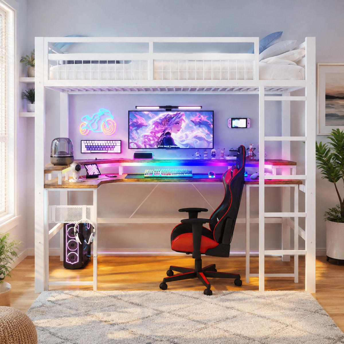 HOCHBETT 90/200 mit LED, USB, Typ-C, Steckdosen und Schreibtisch in Weiß - Weiß, Holzwerkstoff/Metall (90/200cm) - EVRYAE