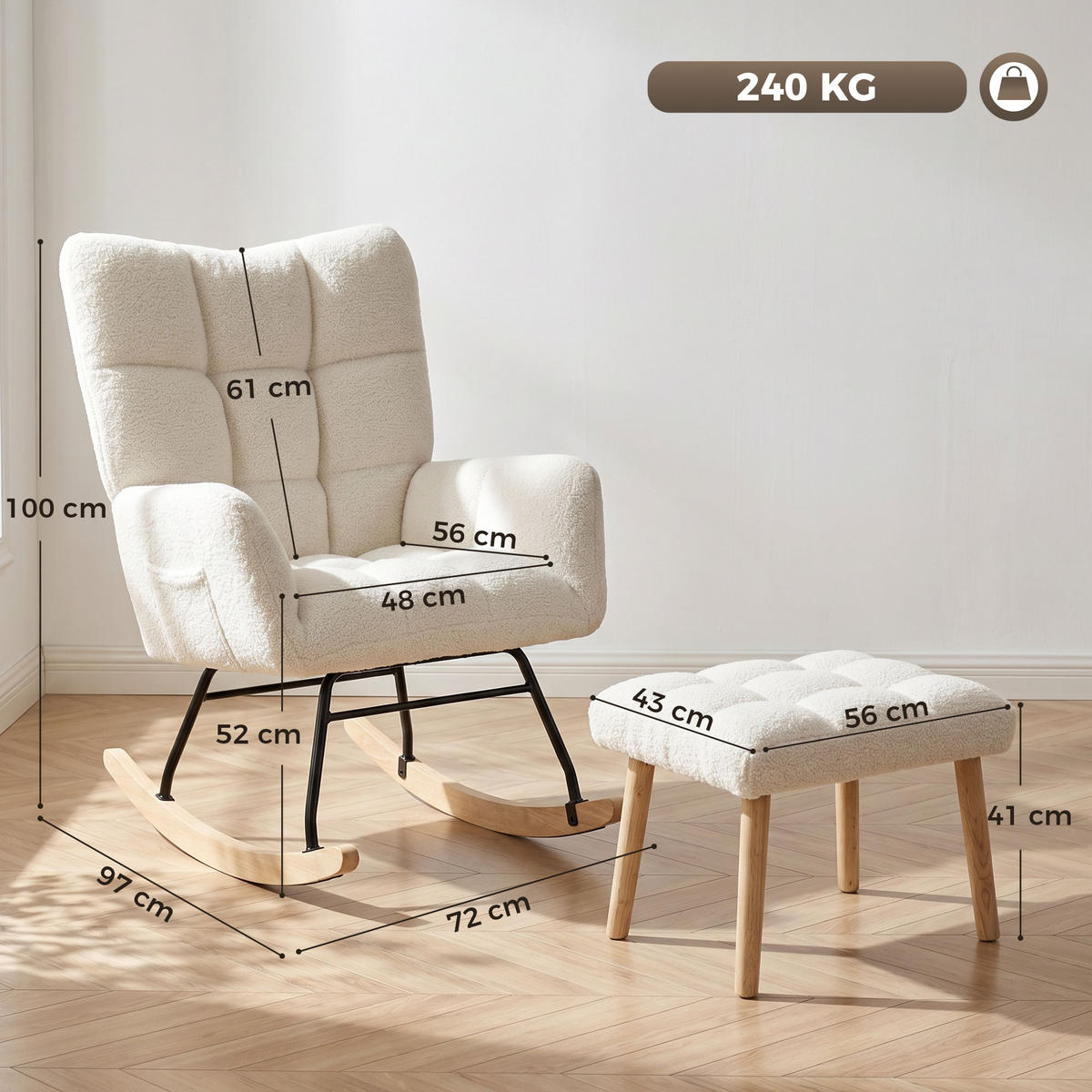 SCHAUKELSTUHL Sherpa Fußstütze Seitentaschen Creme - Creme, Textil (97/100/72cm) - Vallsero