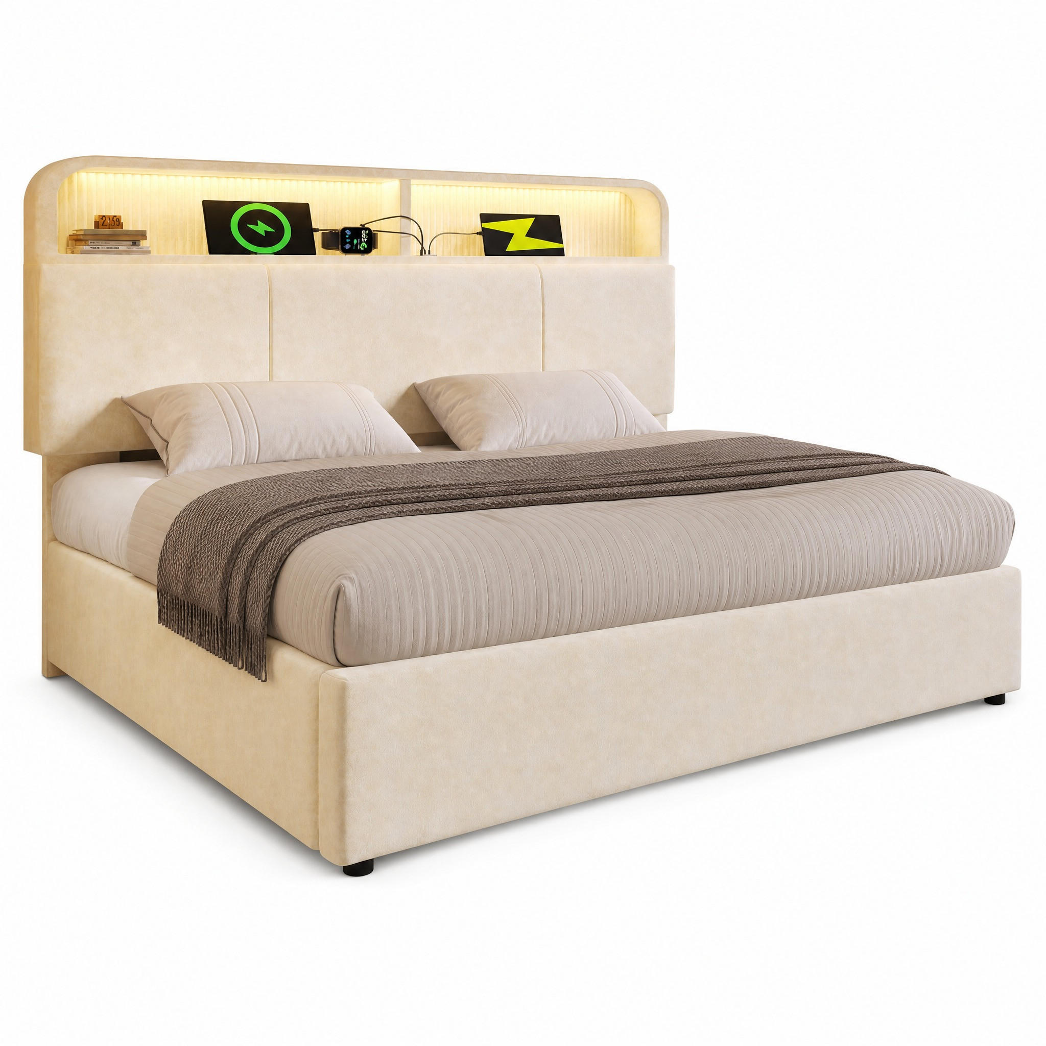 POLSTERBETT 140/200 cm in Beige Samt mit Bettkasten, LED und USB - Beige, Holzwerkstoff/Textil (140/200cm) - STILVORA