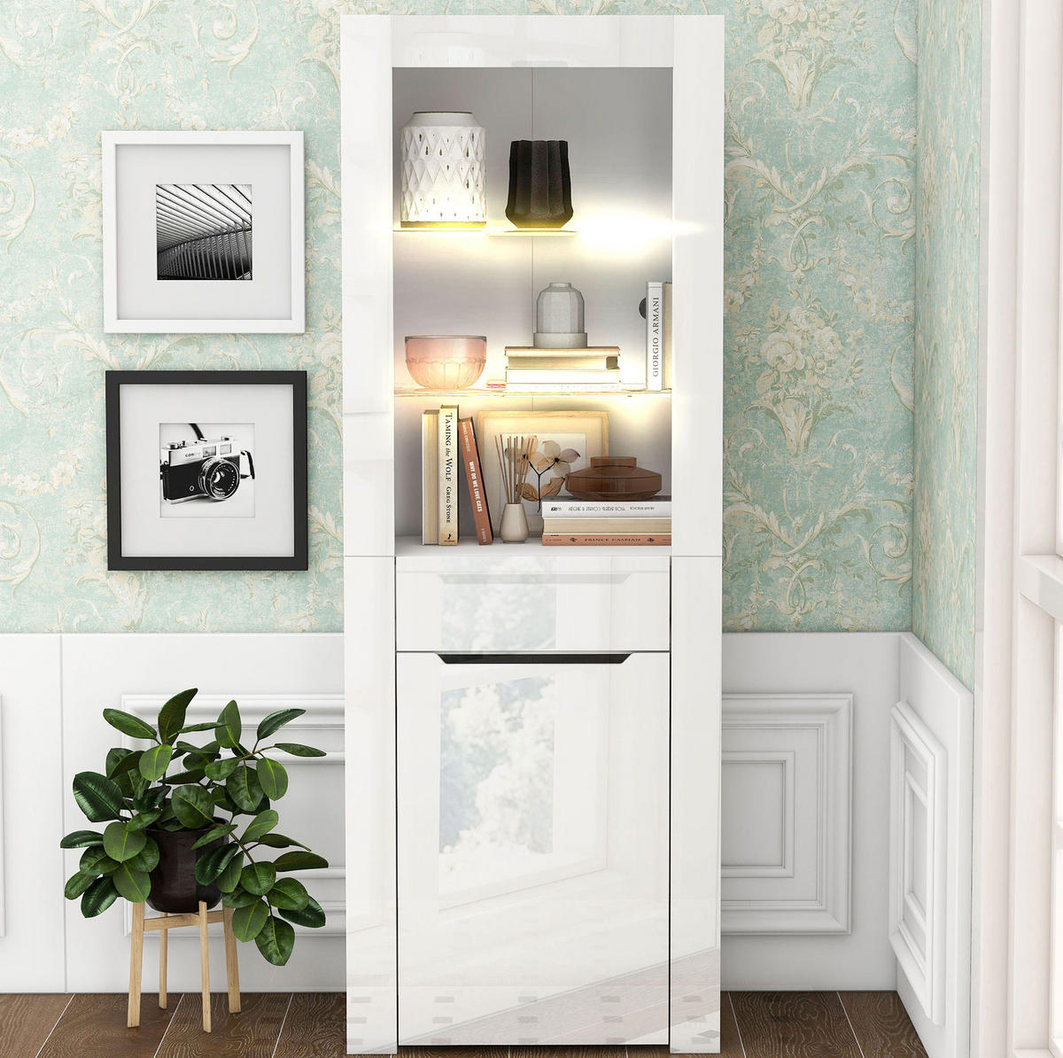 VITRINE 60/35,5/165 cm in Weiß Hochglanz mit LED-Beleuchtung - Weiß, Holzwerkstoff (60/165/35.5cm) - Flora Grace
