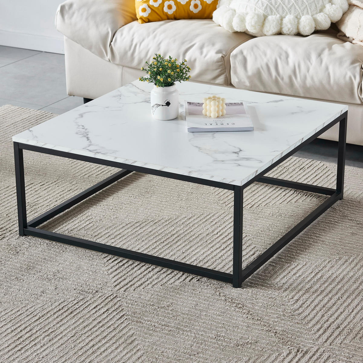COUCHTISCH Marmor-Optik Quadratisch - Schwarz/Weiß, Metall (80/80/34cm) - Meubles Cosy