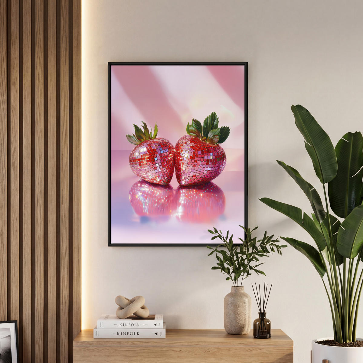 LEINWAND Bilder mit Rahmen - Disco - Obst - Glitzer - Erdbeere - 50x70 - Pink, Textil (50/70cm) - MuchoWow