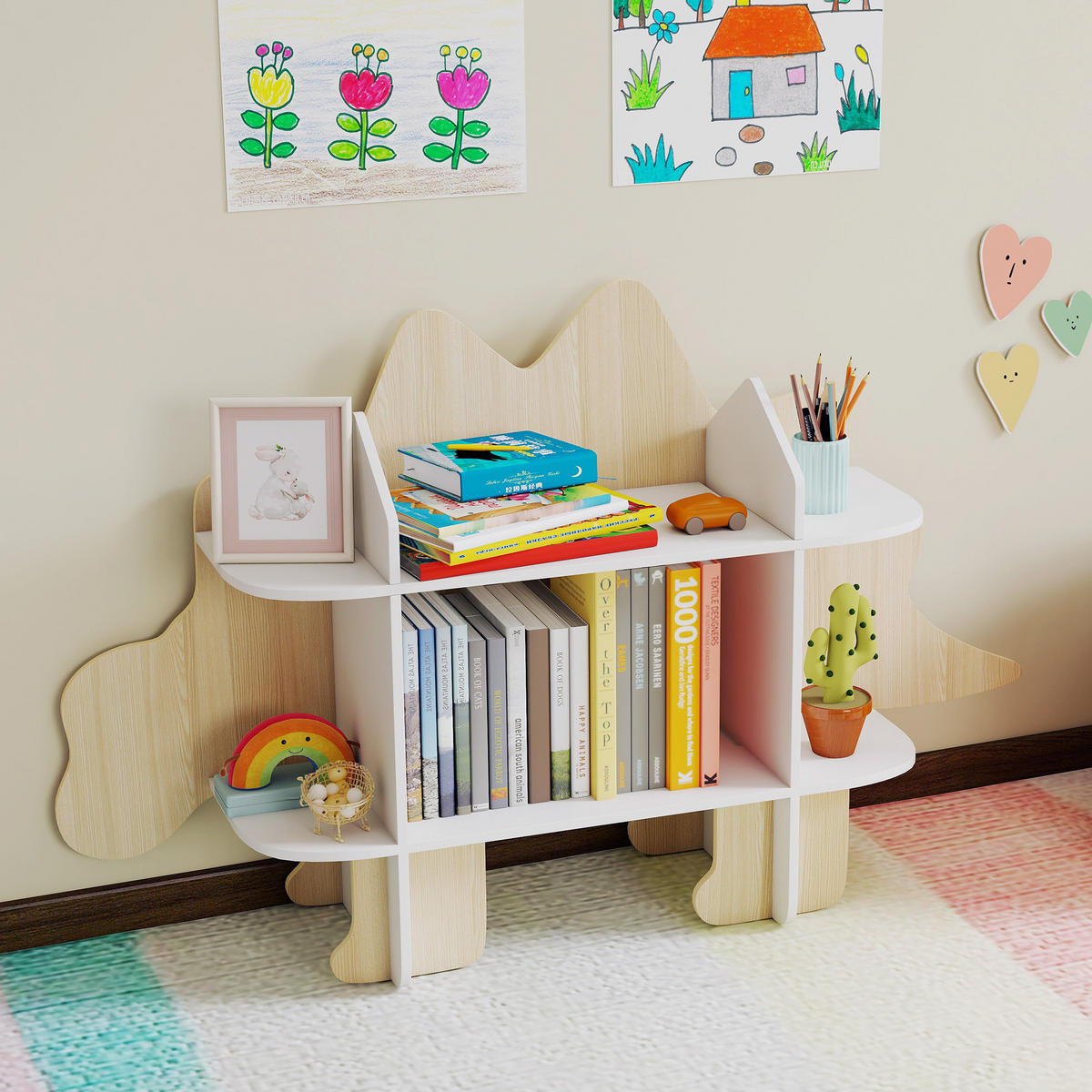 KINDERREGAL DE-17277 6 Fächer, Dinosaurier-Design Naturholz - Naturfarben, Metall (120/72.2/28cm) - ComfortXL