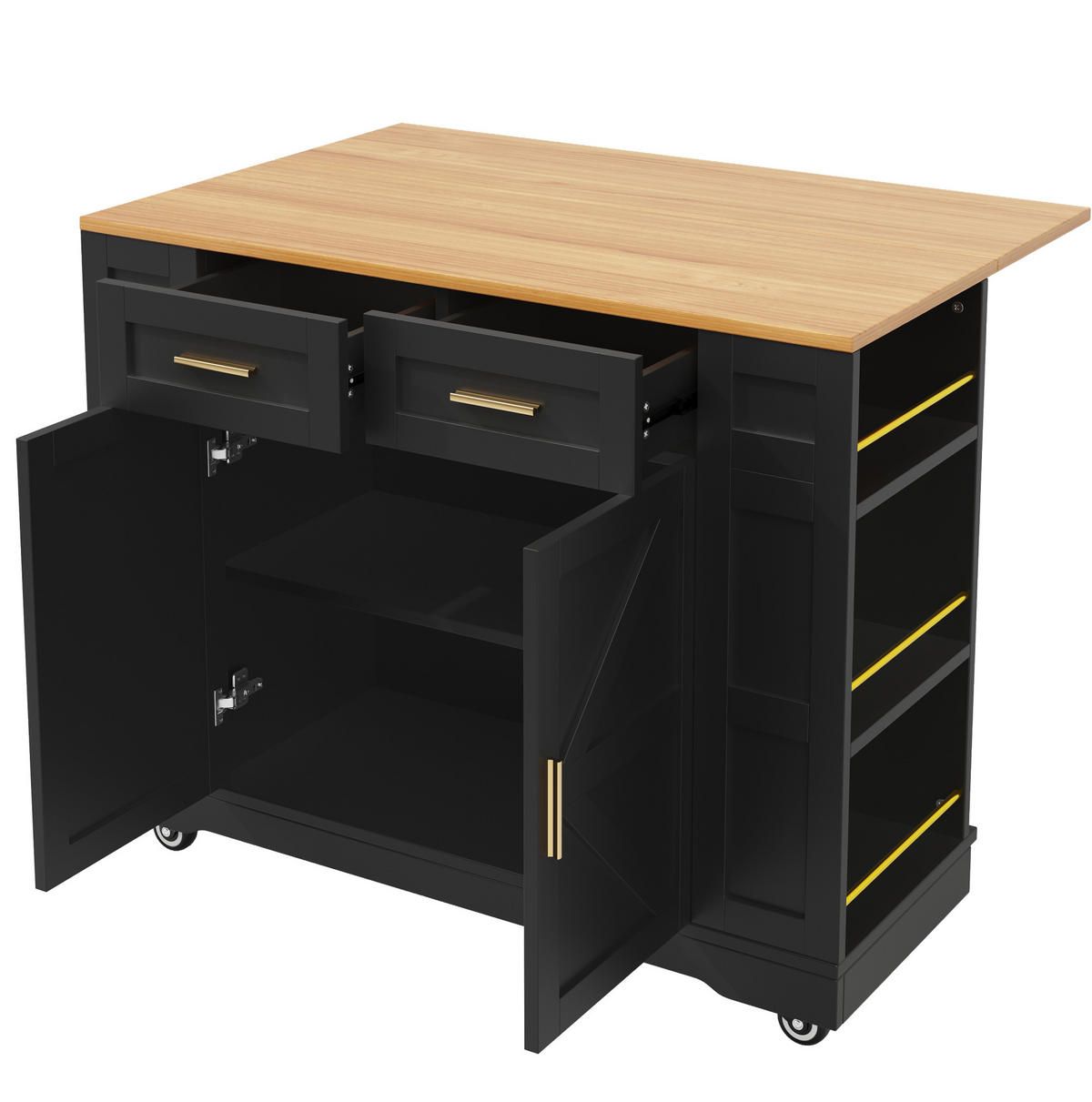 KUHINJSKI otok 120/40/65/90 cm crni, MDF, s prostorom za pohranu i sklopivom pločom - crna, drvni materijal (120/90/40cm) - BEAOK
