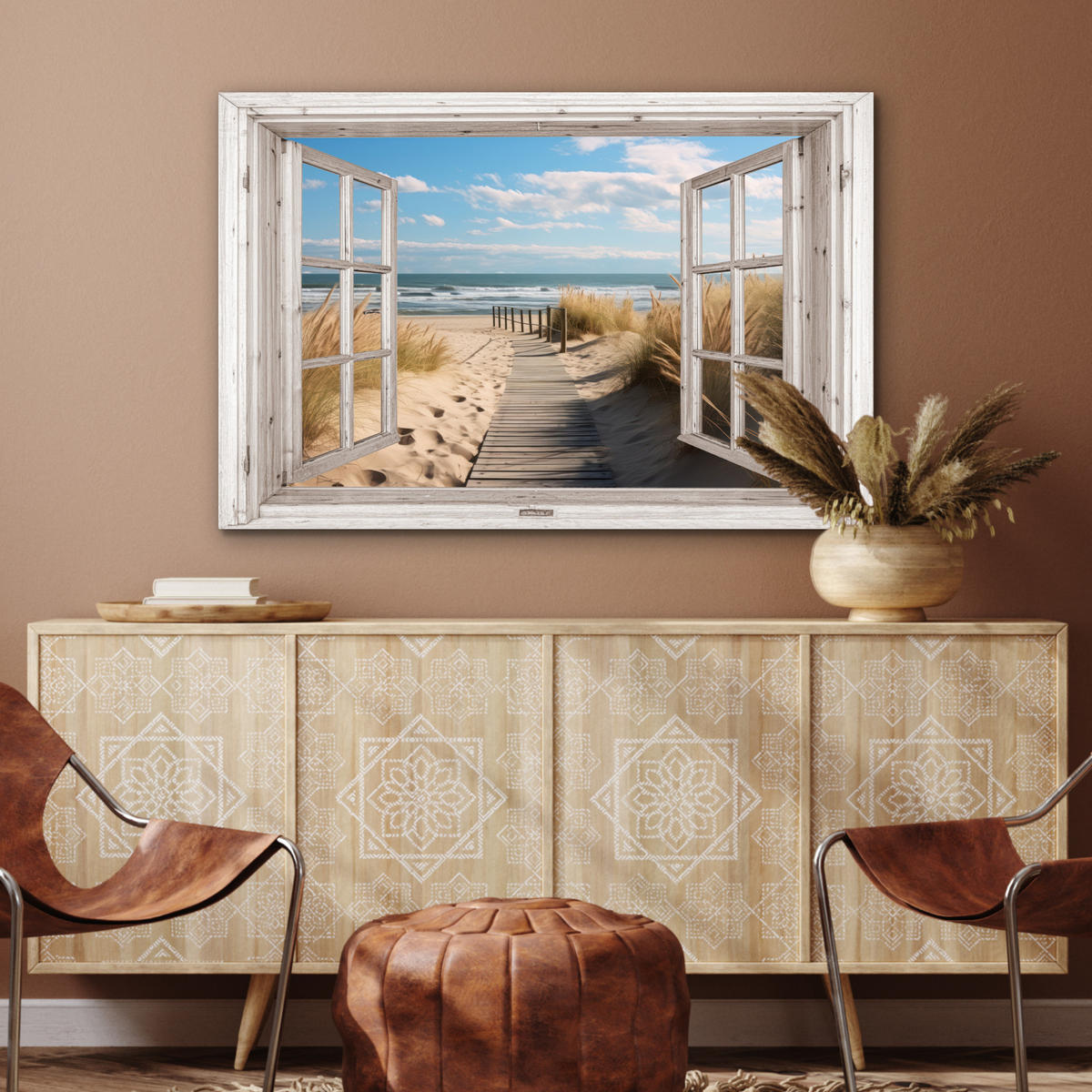 METALLBILD Fenster - Meer - Küste - Natur - Ausblick - Strand - Wattenmeer 90x60 cm - Beige, Metall (90/60cm) - MuchoWow
