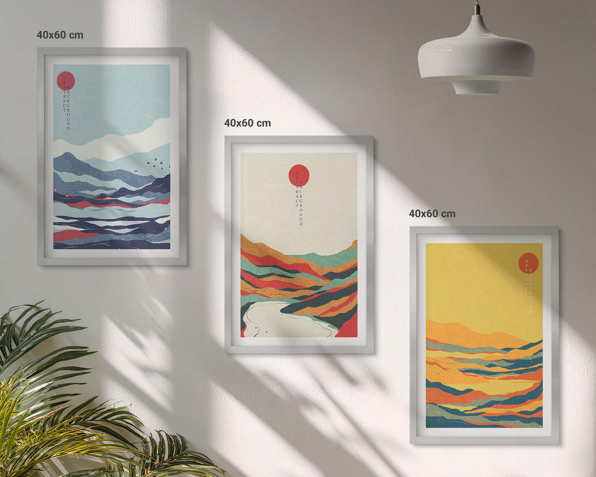 WANDBILDER 3er Set - 40x60 cm Silberner Rahmen - Abstraktion von farbenfrohen Bergen und Flüssen - Silberfarben, Kunststoff (40/60cm) - ArtPrintCave