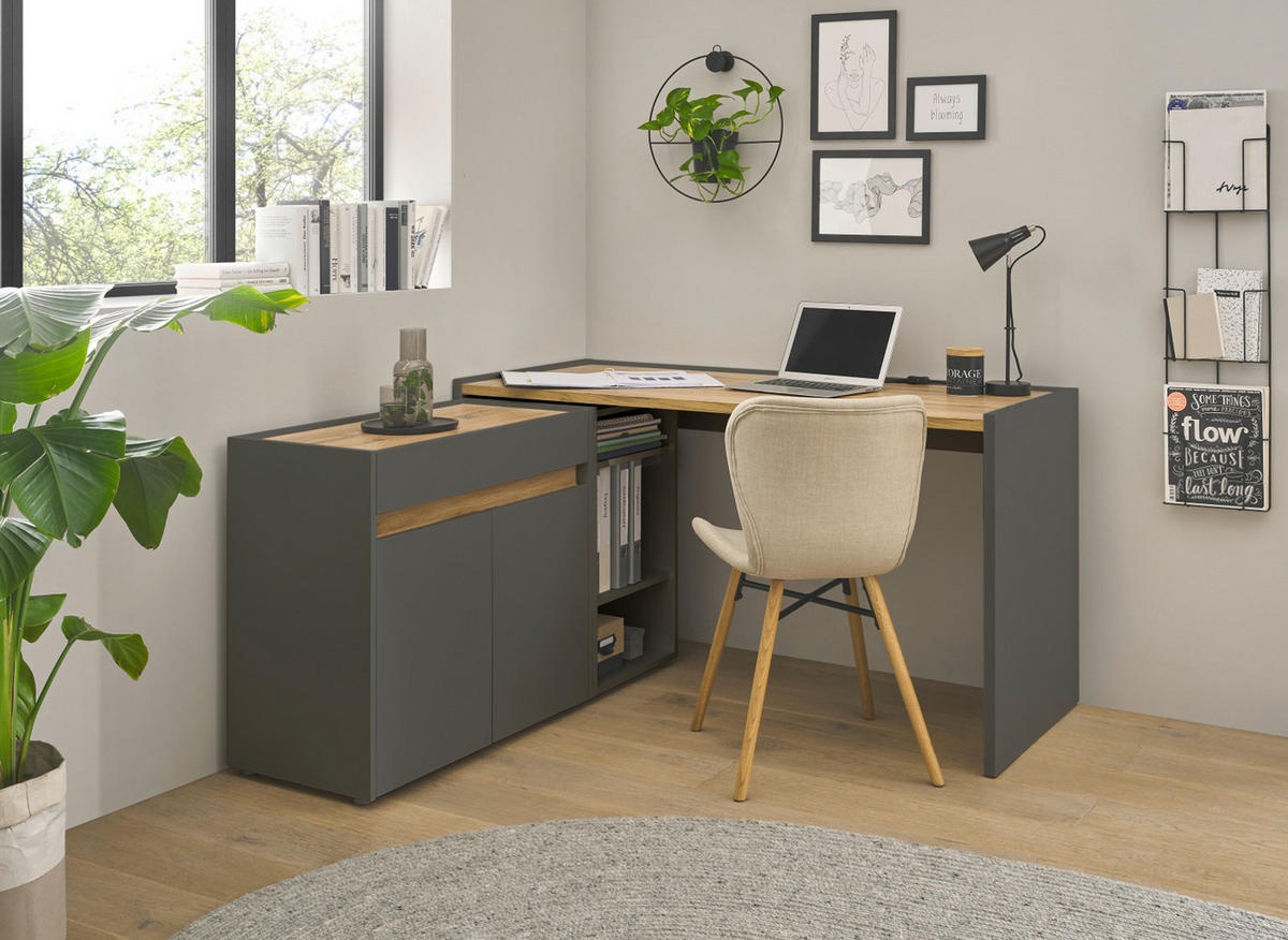 SCHREIBTISCHKOMBINATION 3-teilig grau matt, Eiche Wotan 143 cm, Büromöbel Set mit Aktenregal und Kommode - Eiche Wotan/Schwarz, Holzwerkstoff/Kunststoff (140/143/76cm) - Furn.Design