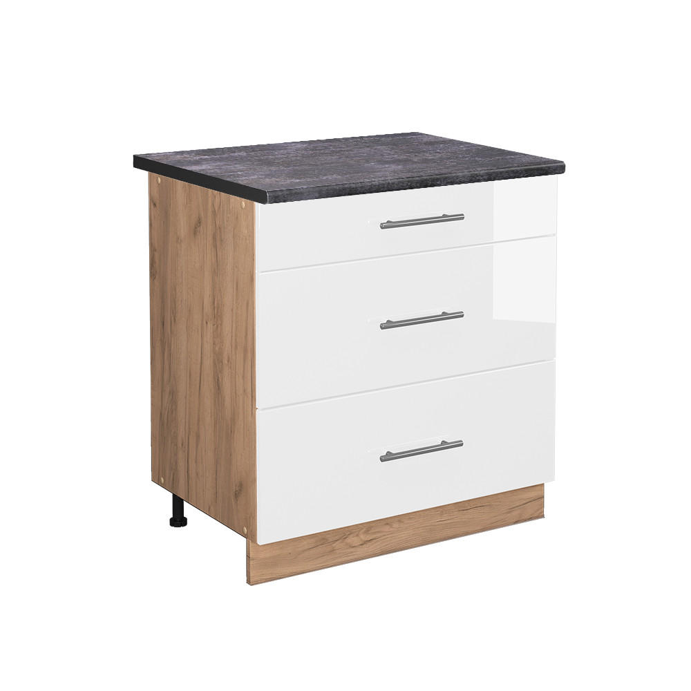 KÜCHENUNTERSCHRANK Fame-Line Weiß Hochglanz 80 cm mit 3 Schubladen AP Anthrazit - Honigeiche/Weiß Hochglanz, Holzwerkstoff (80/82/60cm) - Vicco