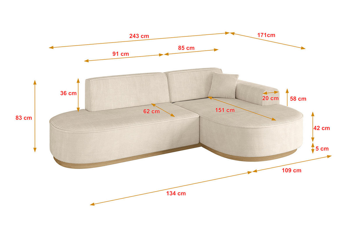 ECKSOFA Ottomane Rechts MARI-L1-v2 - 243x171x83 cm Beige Cord - Beige, Holzwerkstoff/Textil (171/243cm) - ALTDECOR