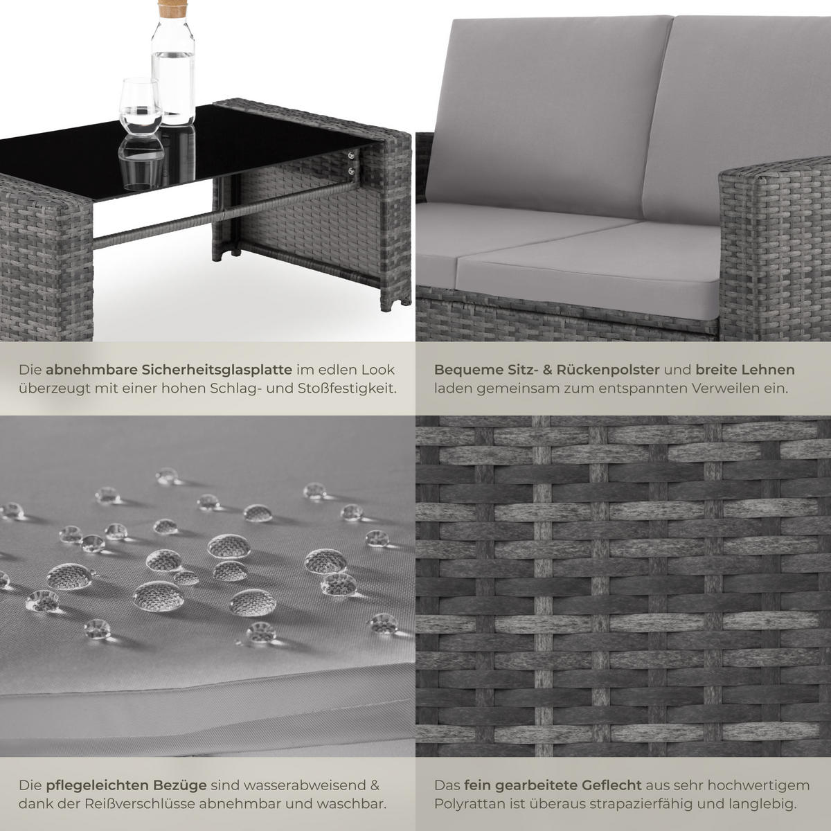 RATTANLOUNGE Jesolo,mit Sicherheitsglasplatte,grau/hellgrau - Grau, Kunststoff - tectake