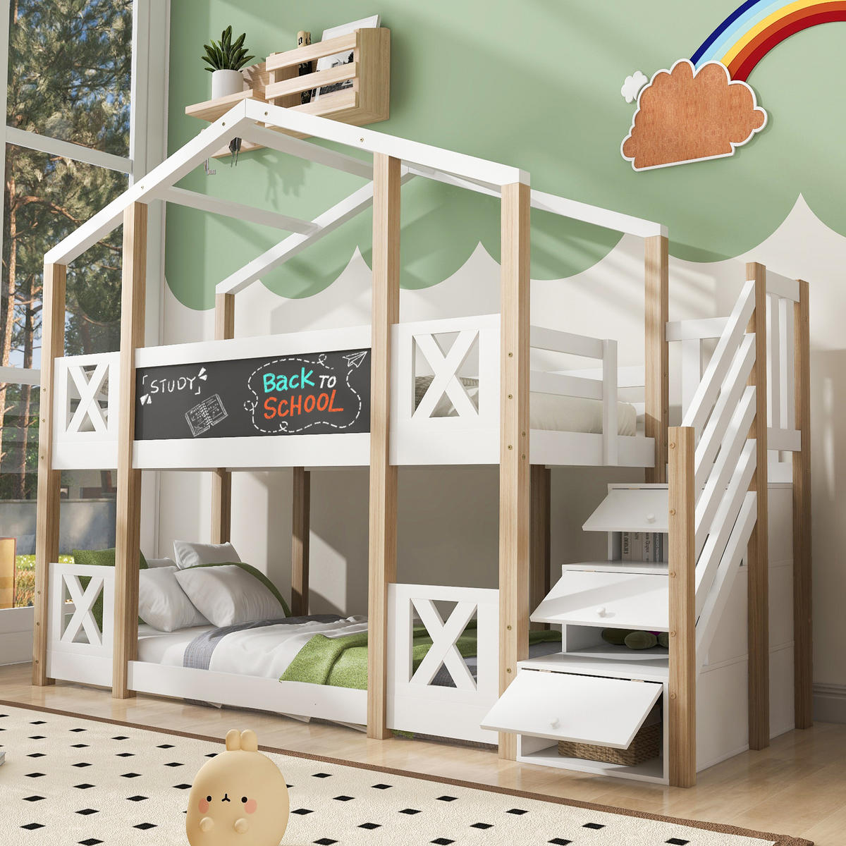 ETAGENBETT 90/200 cm Baumhaus mit Treppe Stauraum und Rausfallschutz - Weiß, Holzwerkstoff (90/200cm) - OKWISH