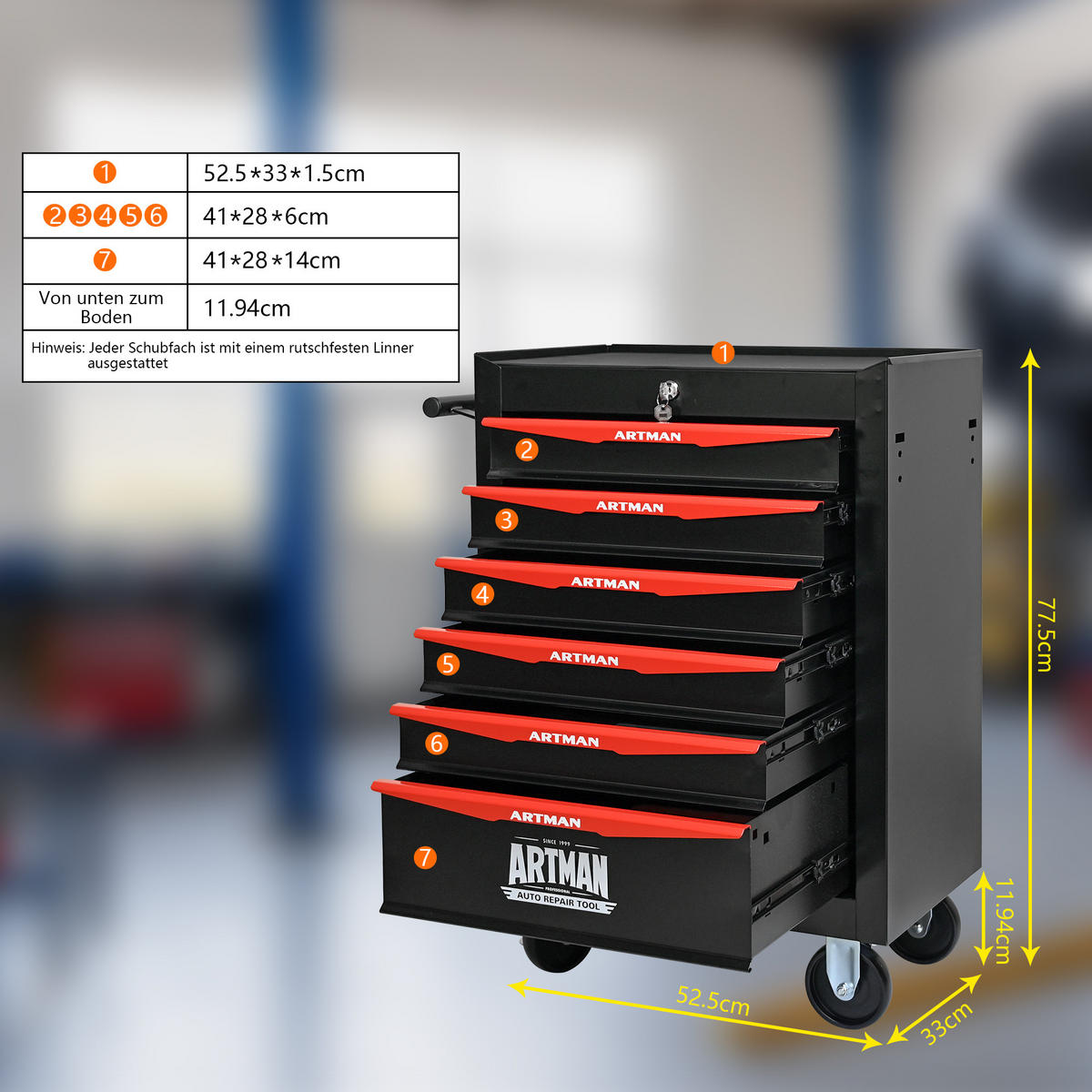 KOMBINATIONS-WERKZEUGSCHRANK – 6 Schubladen – 508 mm (20 Zoll) – Farbgebung: Schwarz und Rot - Multicolor, Metall (33/77.5/60cm) - DCA