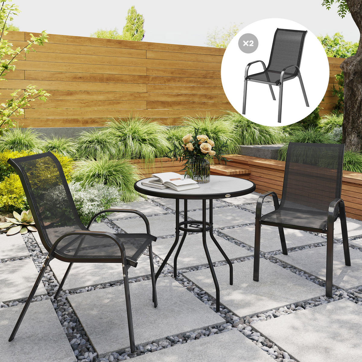 GARTENSTÜHLE 2er-Set DE-13335 hohe Rückenlehne Schwarz - Schwarz, Metall (54/93/71cm) - ComfortXL