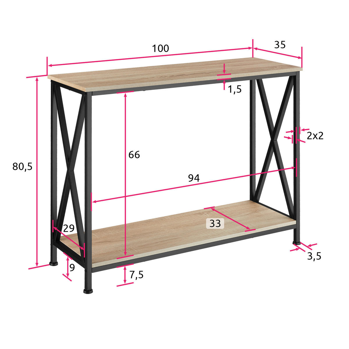 KONSOLENTISCH Tacoma,100 x 35 x 80,5 cm,Industrial Holz hell, Eiche Sonoma - Naturfarben, Holzwerkstoff (100/35/80.5cm) - tectake
