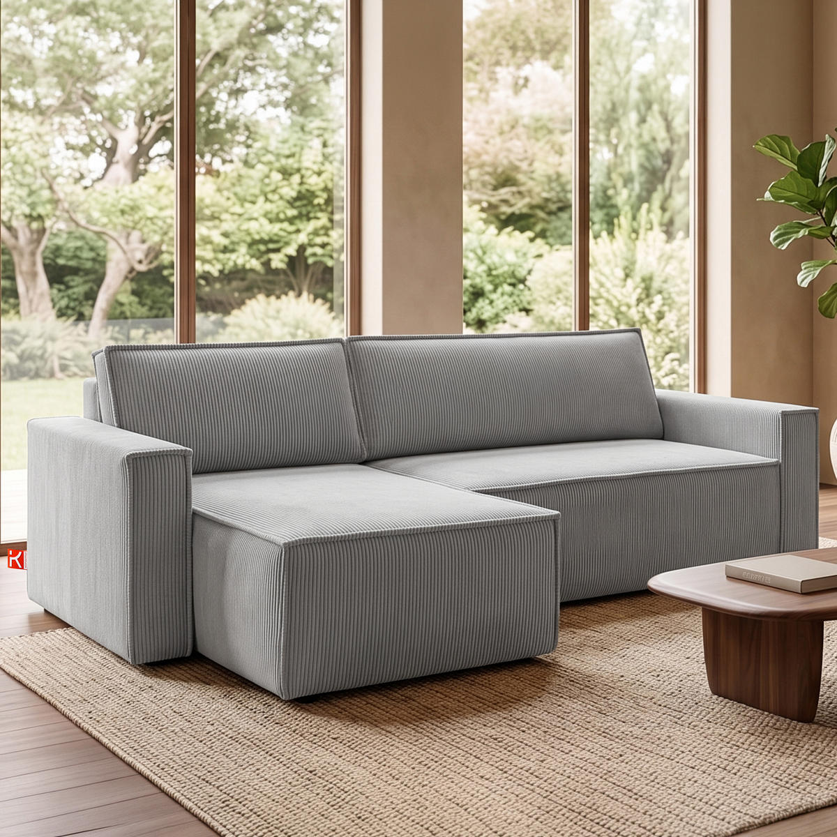 ECKSOFA-LINKS/RECHTS NAPI Schlaffunktion mit Cordbezug, hellgrau - Hellgrau/Schwarz, Textil (246/148cm) - KONSIMO®