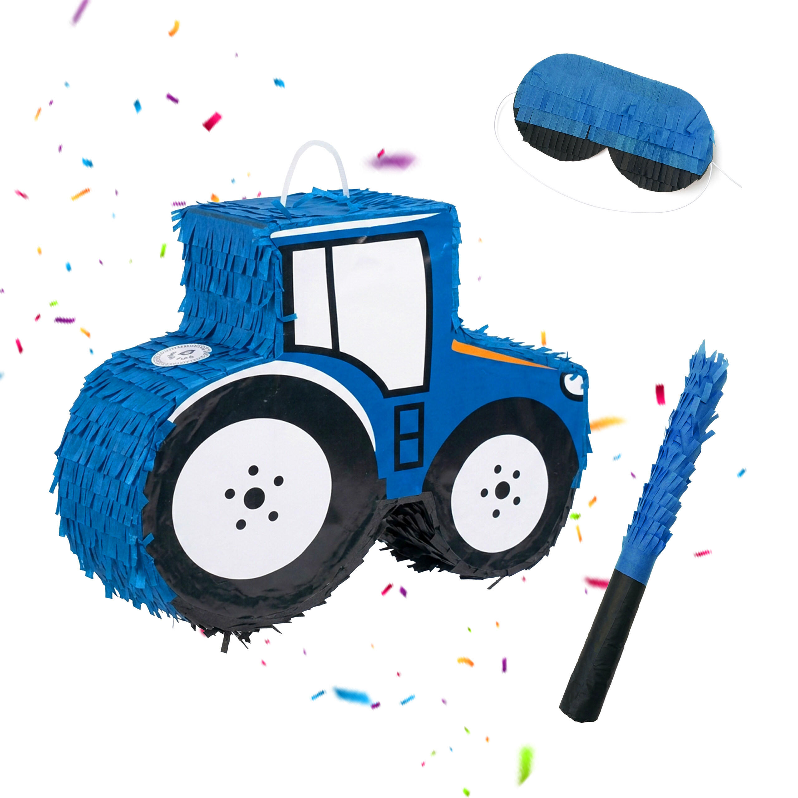 Relaxdays PIŇATA Modrá traktor 3-dílná-sada s tyčí a maskou