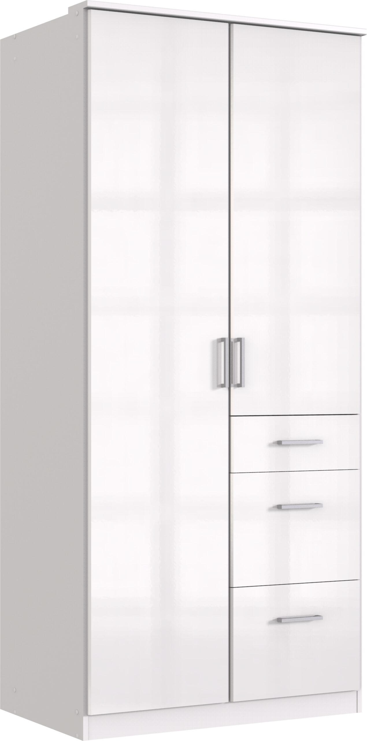 KLEIDERSCHRANK Clack in Weiß mit Fronten in Hochglanz Weiß Lack - Drehtürenschrank 91 cm – mit Schubkästen ohne Spiegel - Weiß, Holzwerkstoff (91/199/58cm)