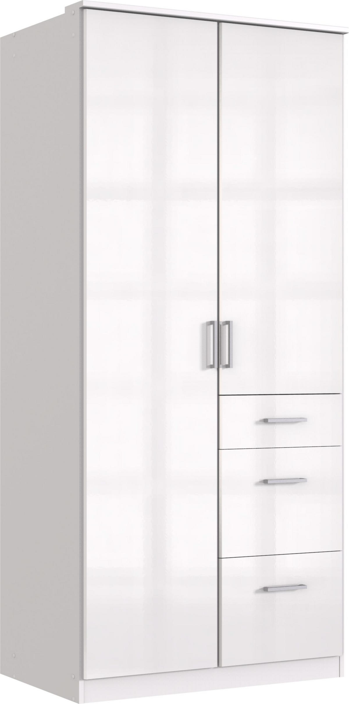 KLEIDERSCHRANK Clack in Weiß mit Fronten in Hochglanz Weiß Lack - Drehtürenschrank 91 cm – mit Schubkästen ohne Spiegel - Weiß, Holzwerkstoff (91/199/58cm)