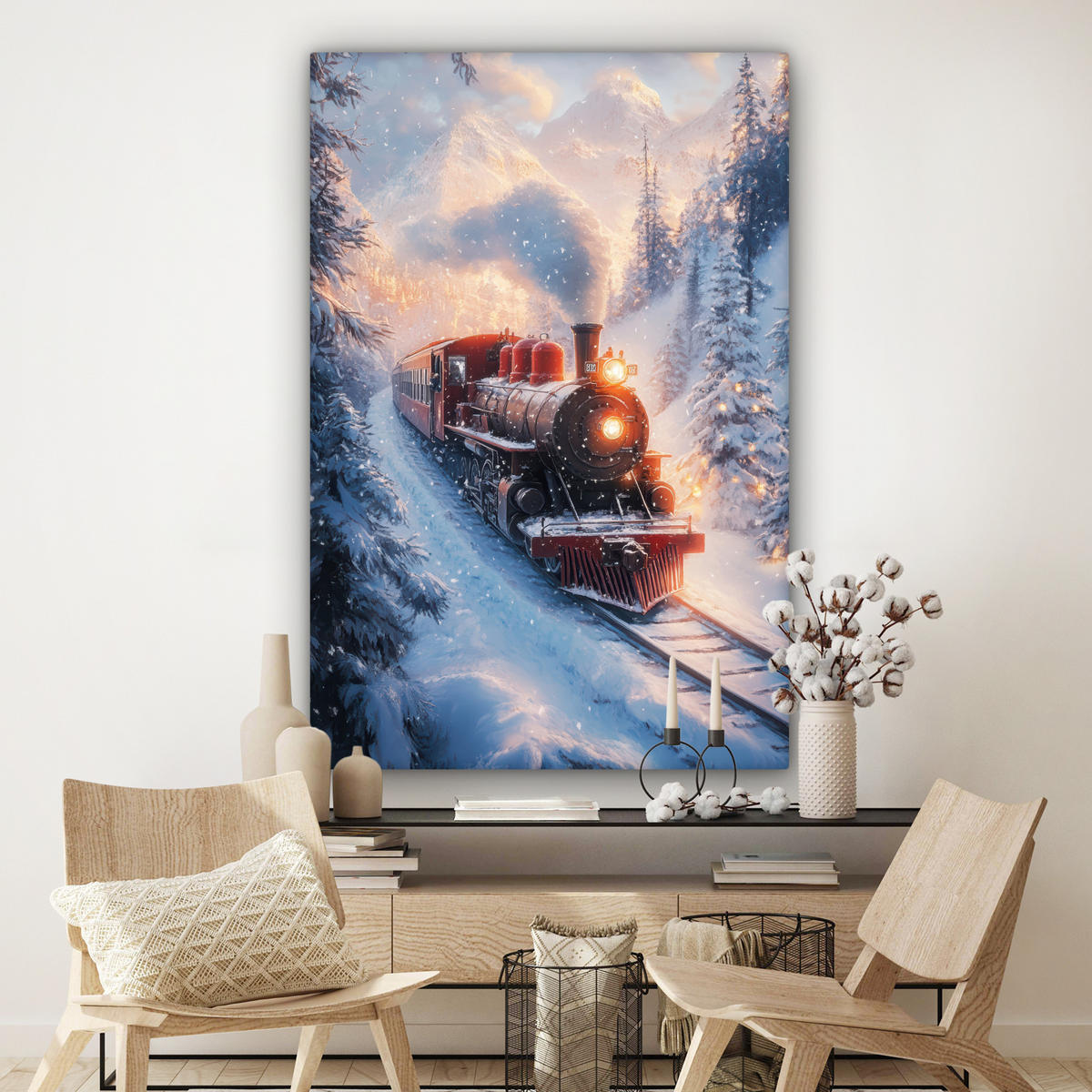 OBRAZ NA PLÁTNĚ Vánoční vlak - Sníh - Zima - Vánoce 90x140 cm - tmavě červená, textil (90/140cm) - MuchoWow