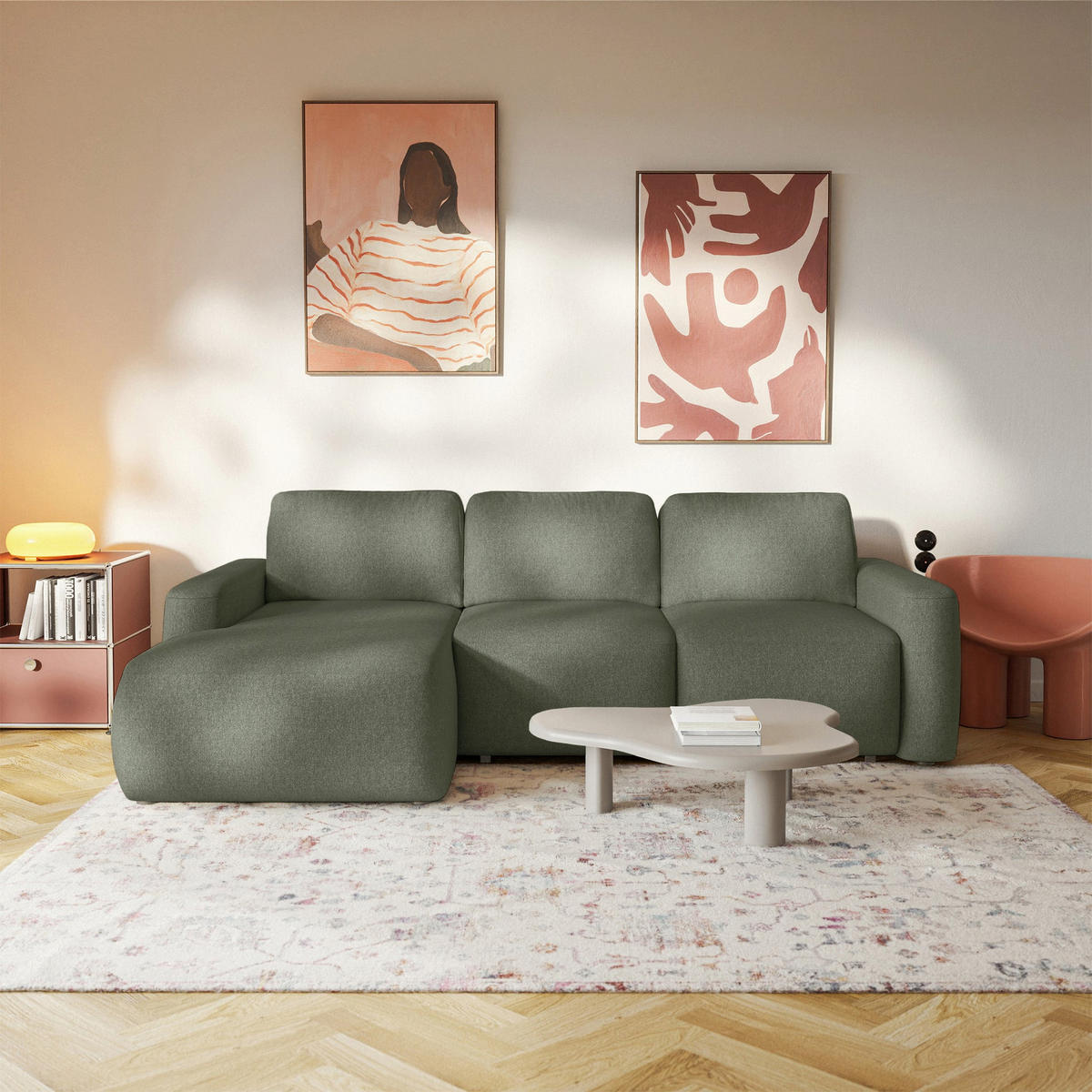 ECKSOFA Carnos Mini Olivgrün Chenille - Schwarz/Olivgrün, Kunststoff/Textil (238/164cm) - Selsey