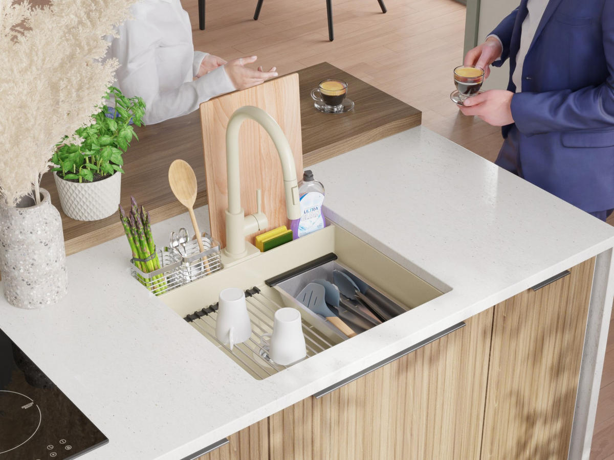 UNTERBAUSPÜLE GRANIT Bergen Pocket, 2-er set Beige 56/54 cm 1 Becken + Ablauf-Set + Küchenzubehörset ab 60er Unterschrank - Chromfarben/Beige, Kunststoff (56/20/54cm) - Primagran