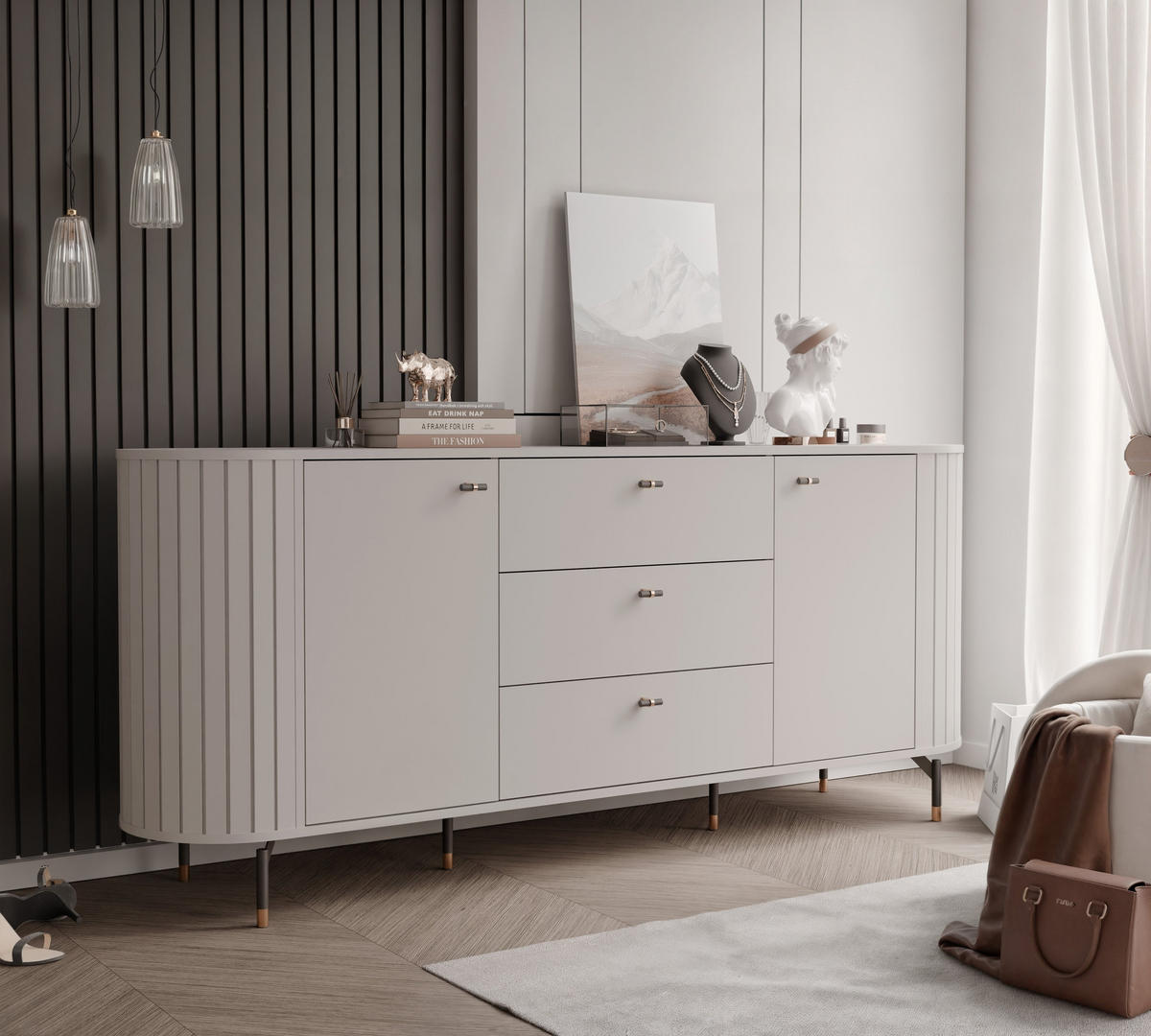 KOMMODE geriffelt, mit drei Schubladen, Kaschmir - Kaschmir, Holzwerkstoff (190/81/40cm) - Idohome