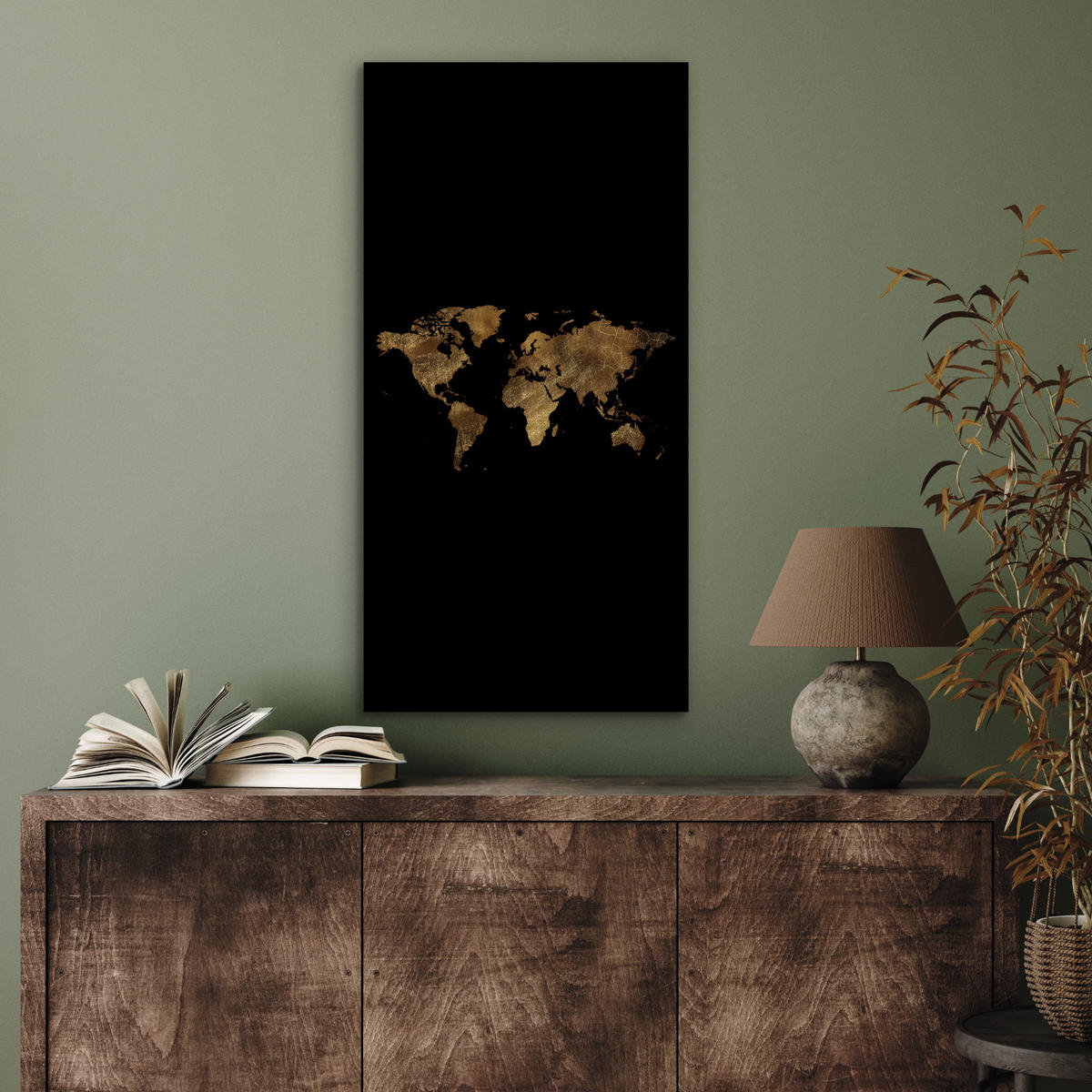 KOVOVÝ OBRAZ Mapa sveta - Zlato - Luxus - Zem - Čierna 40x80 cm - zlatá, kov (40/80cm) - MuchoWow