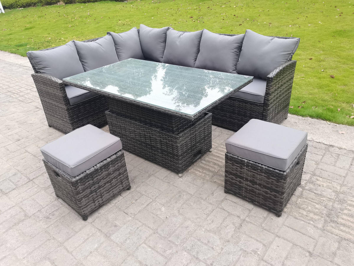 GARTENMÖBEL SET mit höhenverstellbarer Tisch Polyrattan Dunkelgrau 8-Sitzer - Dunkelgrau/Grau, Glas/Kunststoff - Fimous
