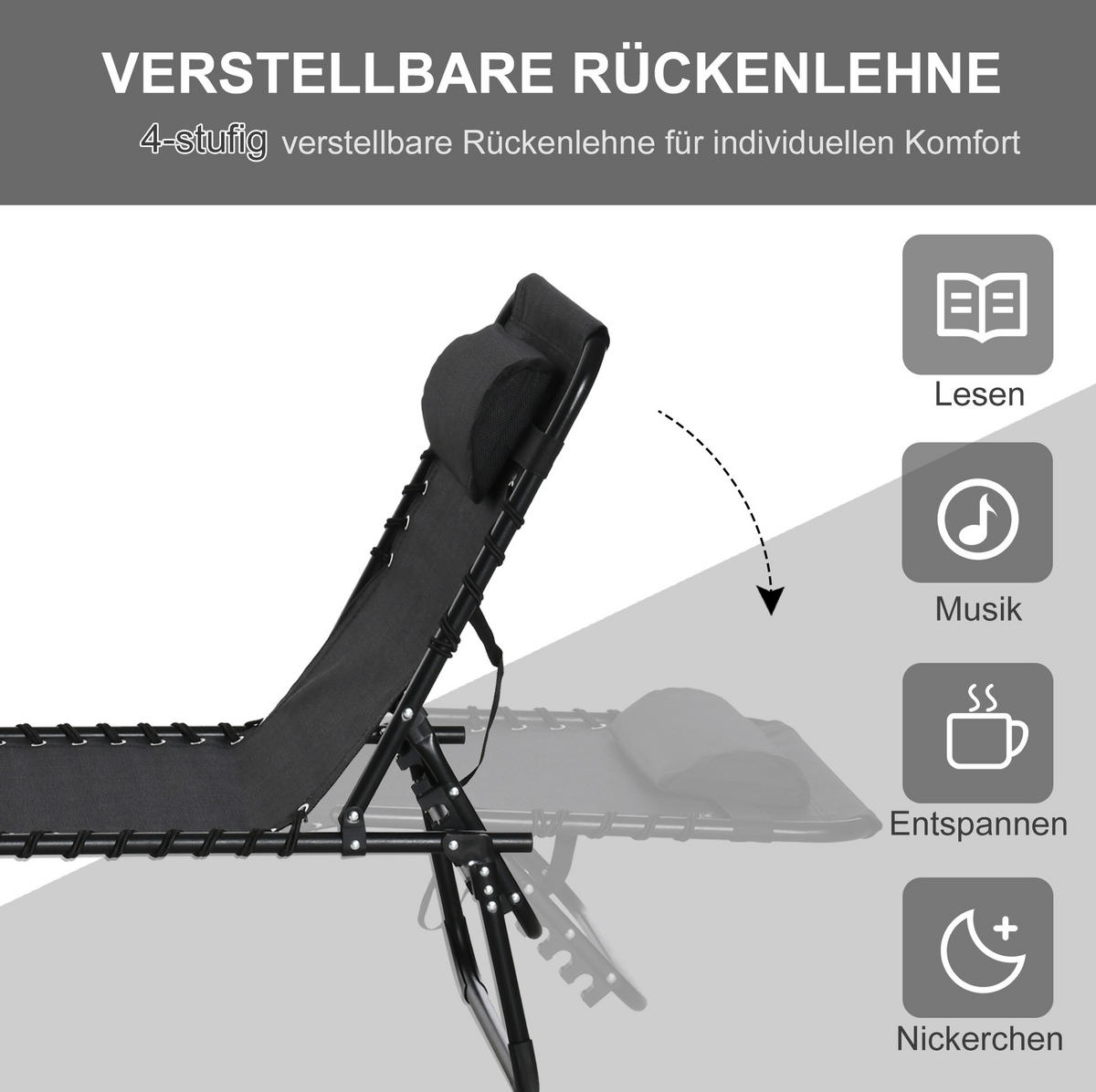 SONNENLIEGE aus Stahl in Schwarz mit 4-fach verstellbarer Rückenlehne - Schwarz, Metall (58/30/197cm) - Modfu