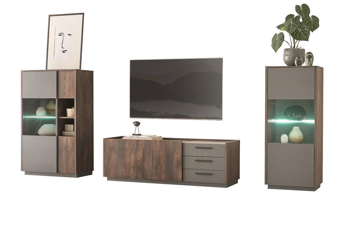 WOHNWAND Thermo Eiche, grau, Wohnkombination 3-teilig 327 cm mit Soft-Close - Eichefarben/Grau, Holzwerkstoff/Metall (327/130/45cm) - Furn.Design