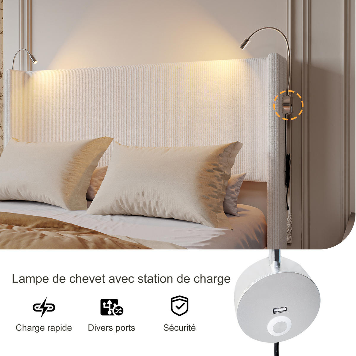 POLSTERBETT 140x200 cm, Beige, Leselichte - Beige, Textil/Metall (140/200cm)