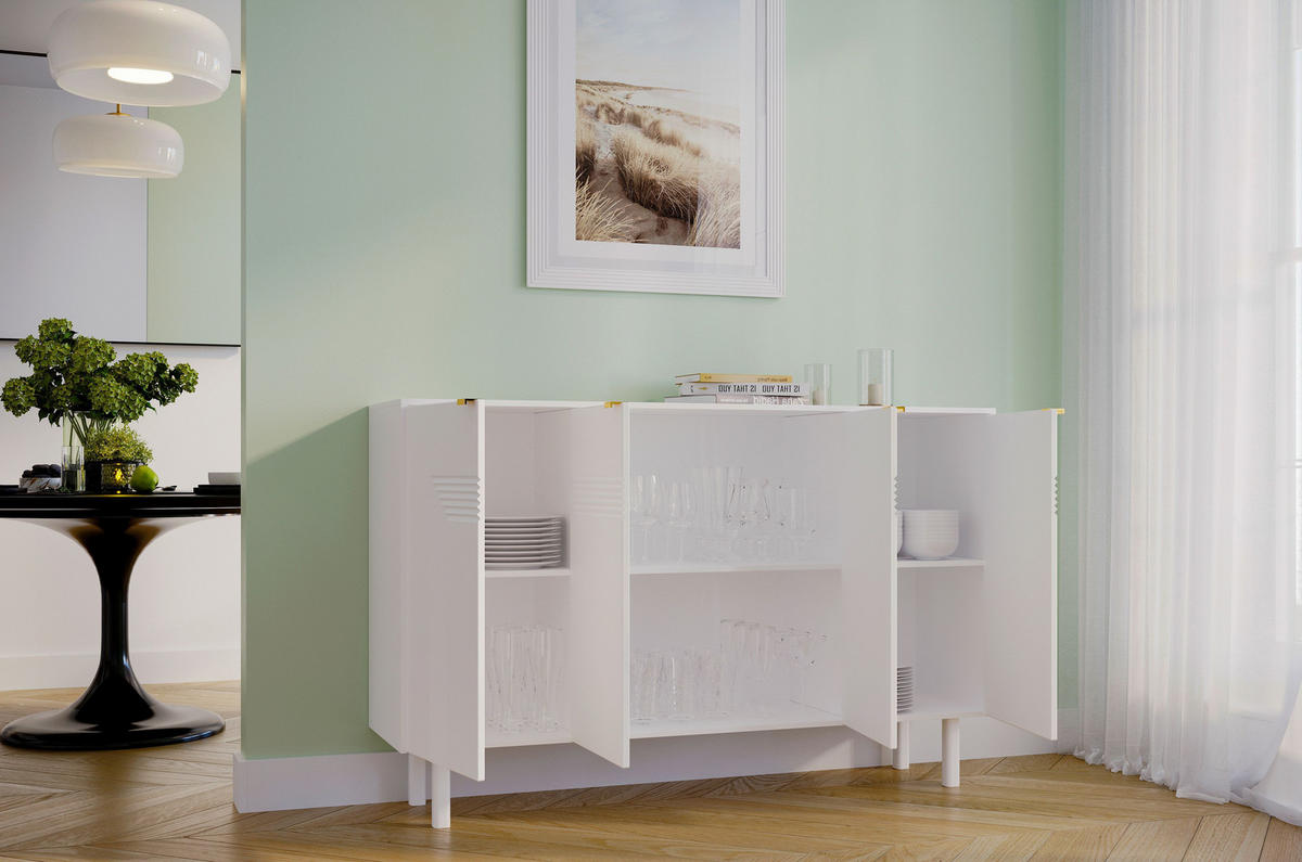 SIDEBOARD Yoko, Weiß, Mit Dekorativen Fronten Und Goldgriffen - Weiß, Holzwerkstoff/Buchenholz (156/99/40cm) - Dancan