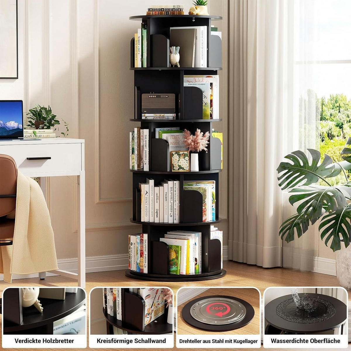 BÜCHERREGAL drehbar 5-stöckig Schwarz 360 Grad drehbar - Schwarz, Holzwerkstoff (40/160/40cm)
