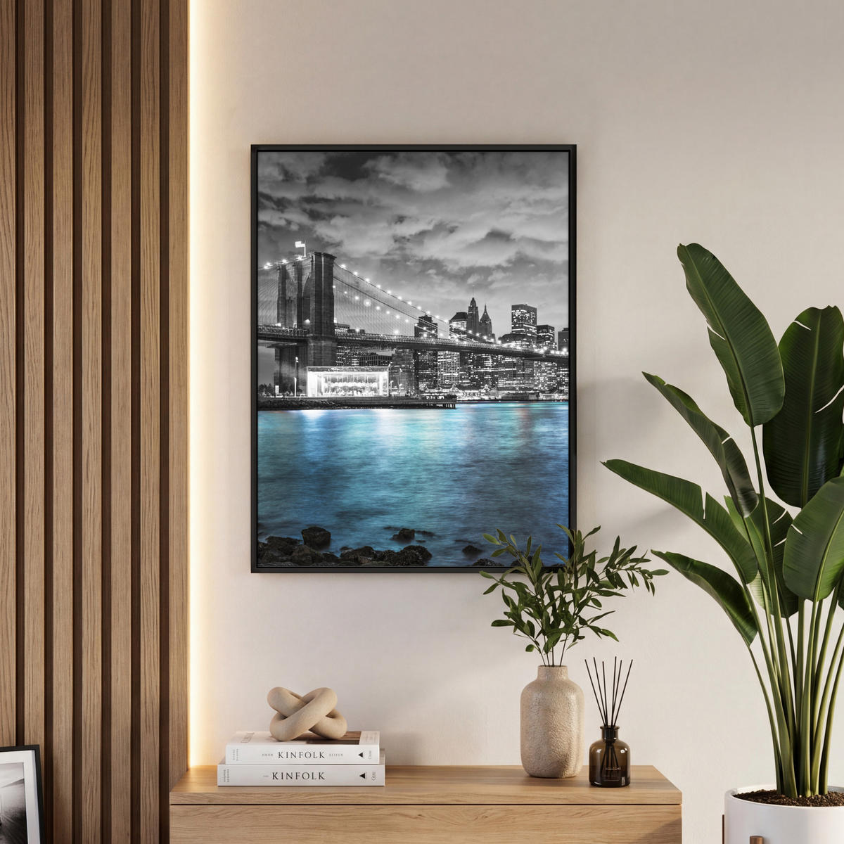 LEINWAND Bilder mit Rahmen - New York - Skyline - Stadt - Blau - 50x70 - Blaugrau, Textil (50/70cm) - MuchoWow