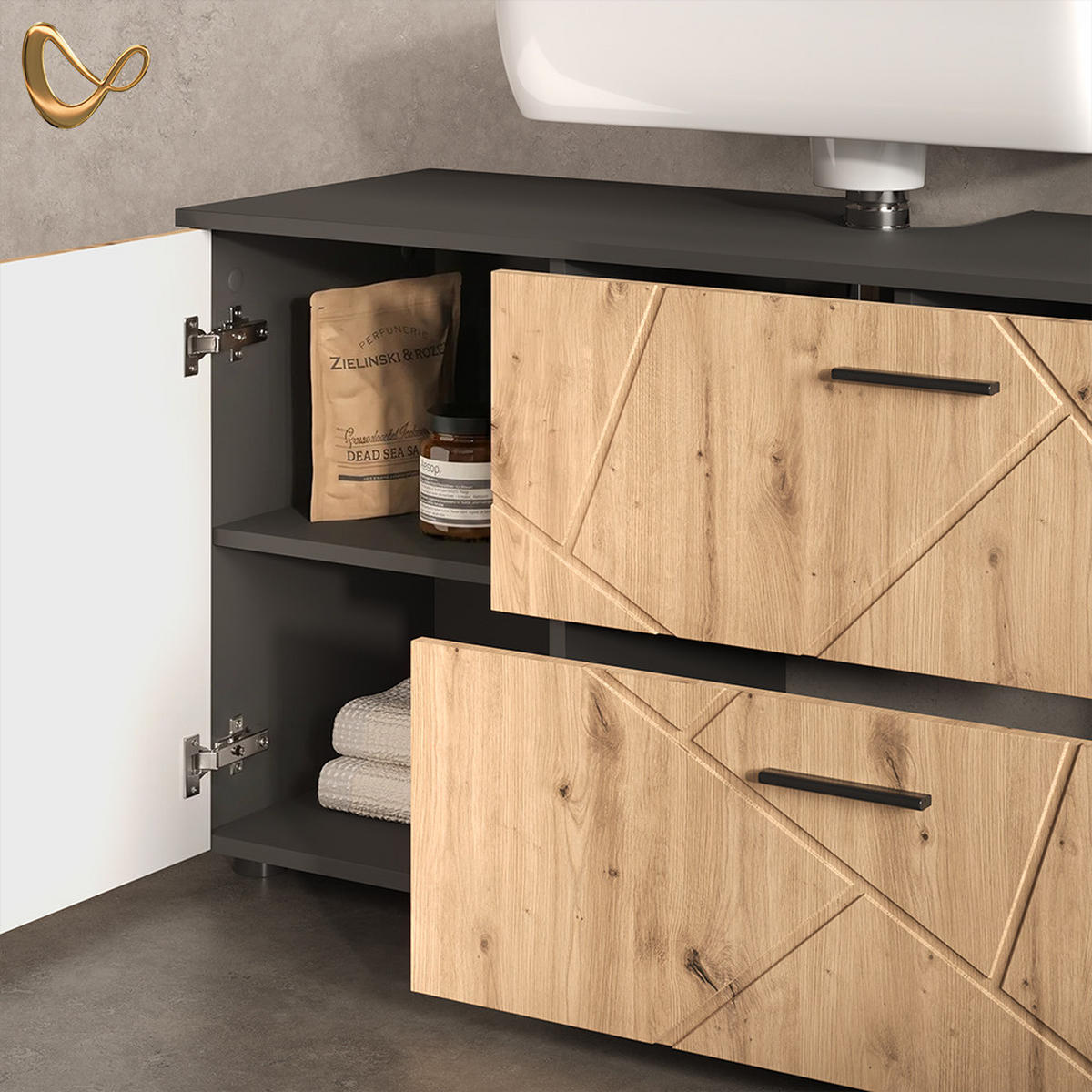 VANITY ENOTA ZA UMIVALNIK Ronco, Antracit/Obrtniški hrast, 120.1 x 60.6 cm z 2 predaloma in 1 vrati - antracit/hrast artisan, leseni material (120.1/60.6/41cm) - Livinity®