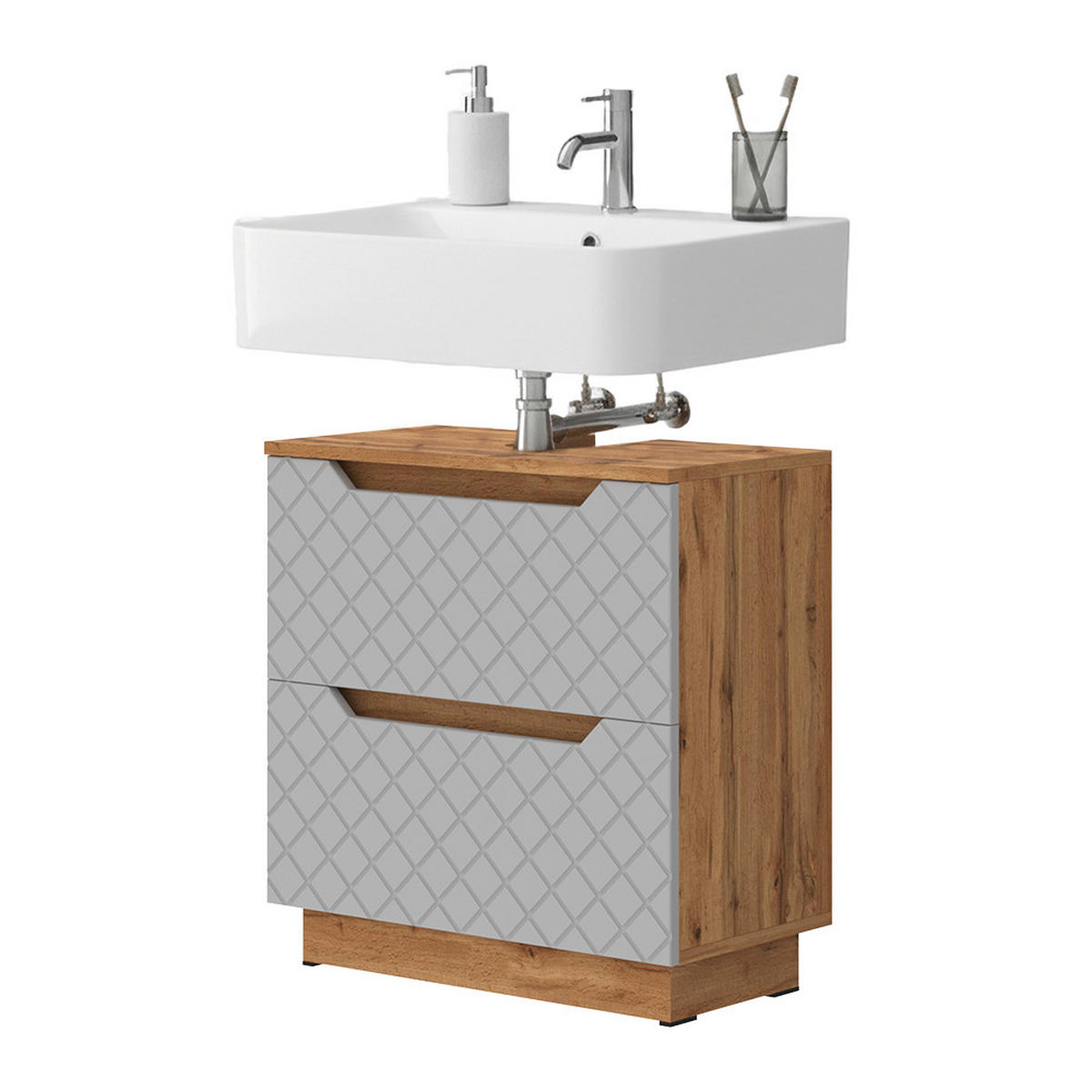 WASCHBECKENUNTERSCHRANK Lotta Eiche/Grau mit Kachelstruktur 59.8 x 62.5 cm mit 2 Schubladen - Eichefarben/Grau, Holzwerkstoff (59.8/62.5/32cm) - Vicco
