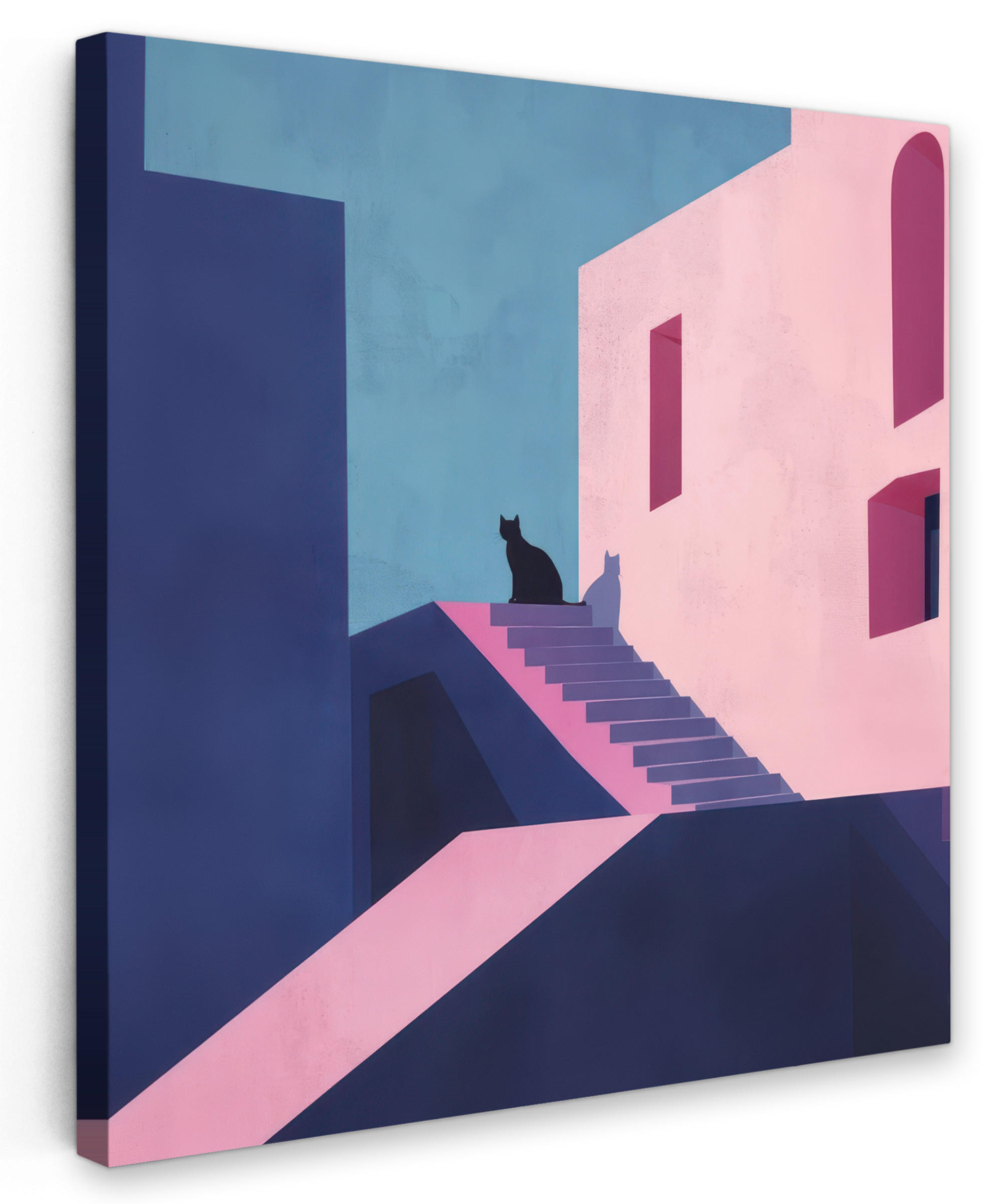 LEINWANDBILD Katze - Treppe - Gebäude - Schattenkontraste Deko Groß 90x90 cm - Dunkelblau, Textil (90/90cm) - MuchoWow