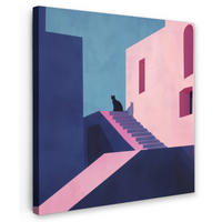 LEINWANDBILD Katze - Treppe - Gebäude - Schattenkontraste Deko Groß 90x90 cm - Dunkelblau, Textil (90/90cm) - MuchoWow